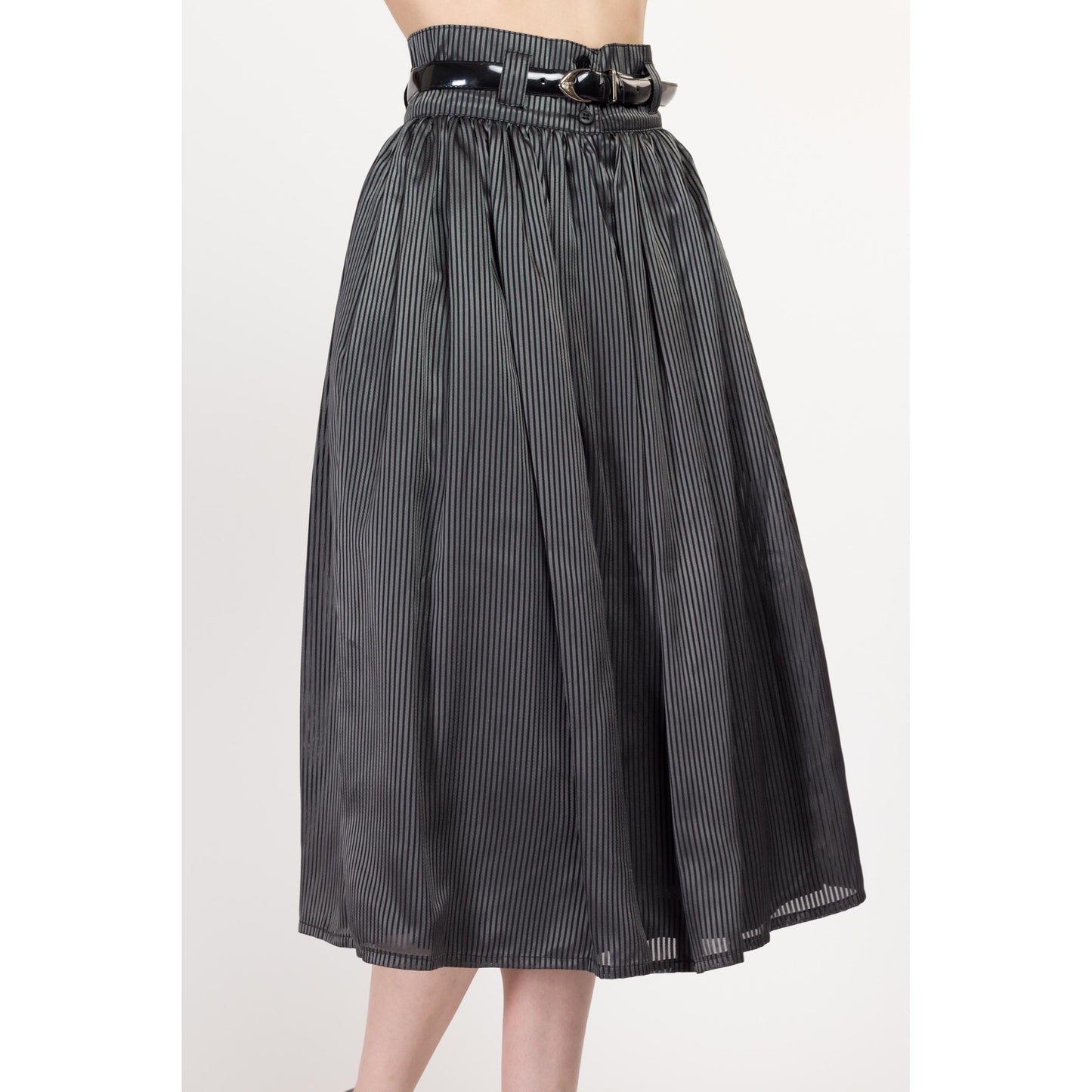 XS-Sm 80s Grey & Black Pinstripe Belted Midi Skirt | Vintage Pleated High Waisted Full Skirt