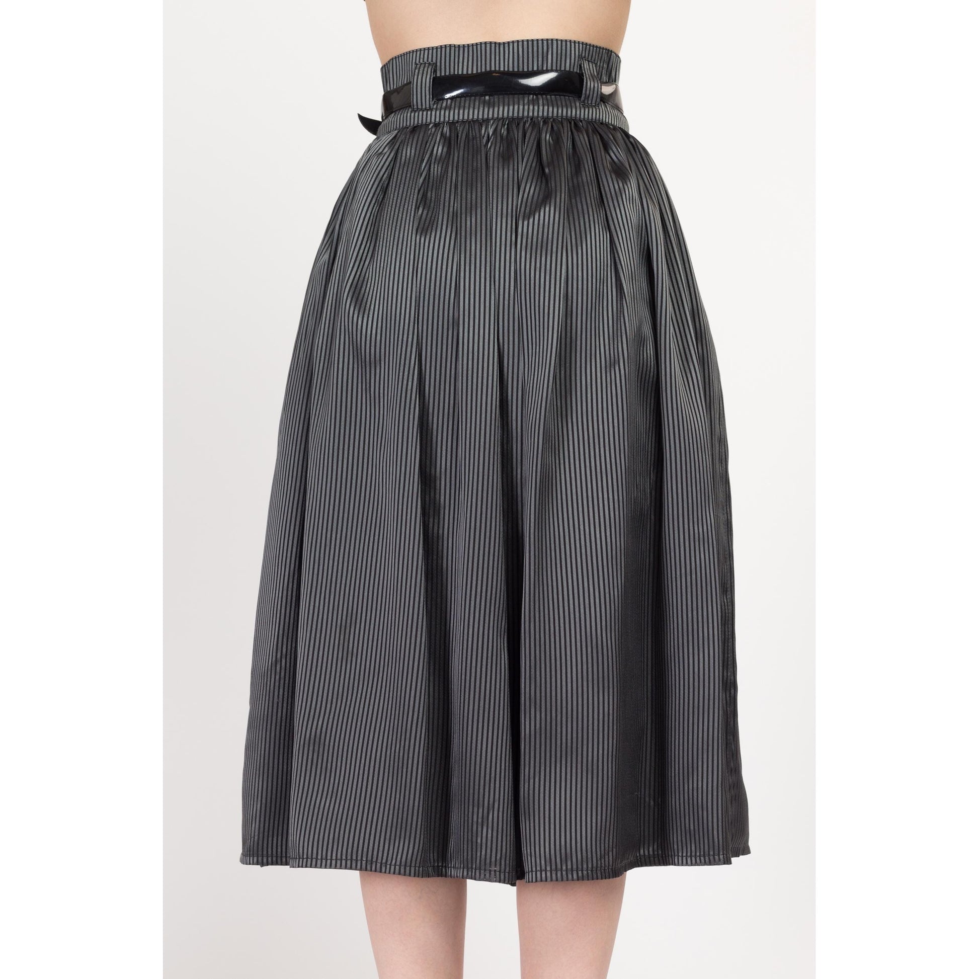 XS-Sm 80s Grey & Black Pinstripe Belted Midi Skirt | Vintage Pleated High Waisted Full Skirt