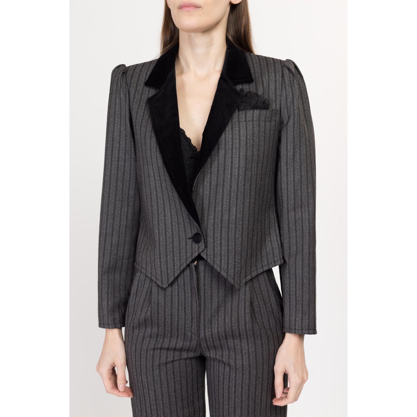 XS 80s Grey Pinstriped Cropped Jacket & Pants Suit Set | Vintage Velvet Trim Matching Two Piece Blazer Outfit