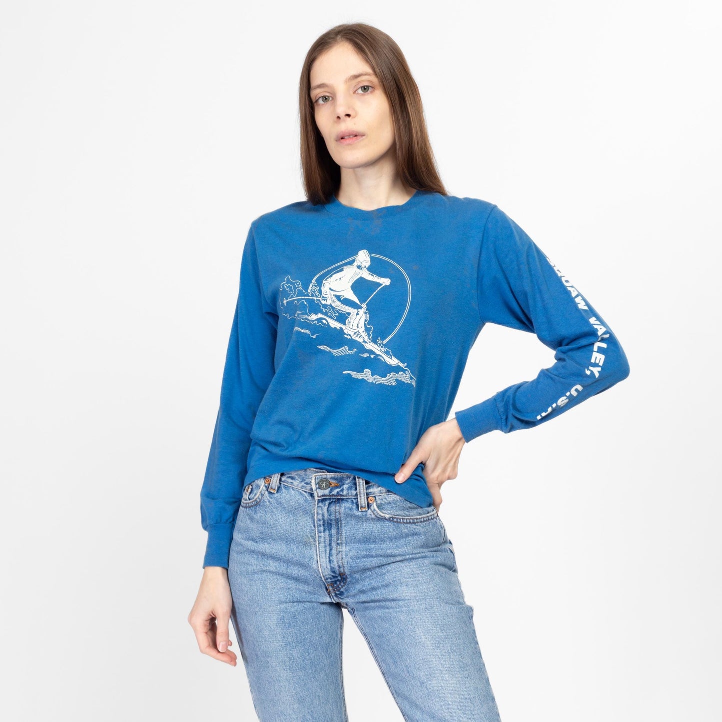 Small 80s Ski Resort Long Sleeve T Shirt Unisex | Vintage Blue Squaw Valley Palisades Tahoe Striped Graphic Tourist Tee