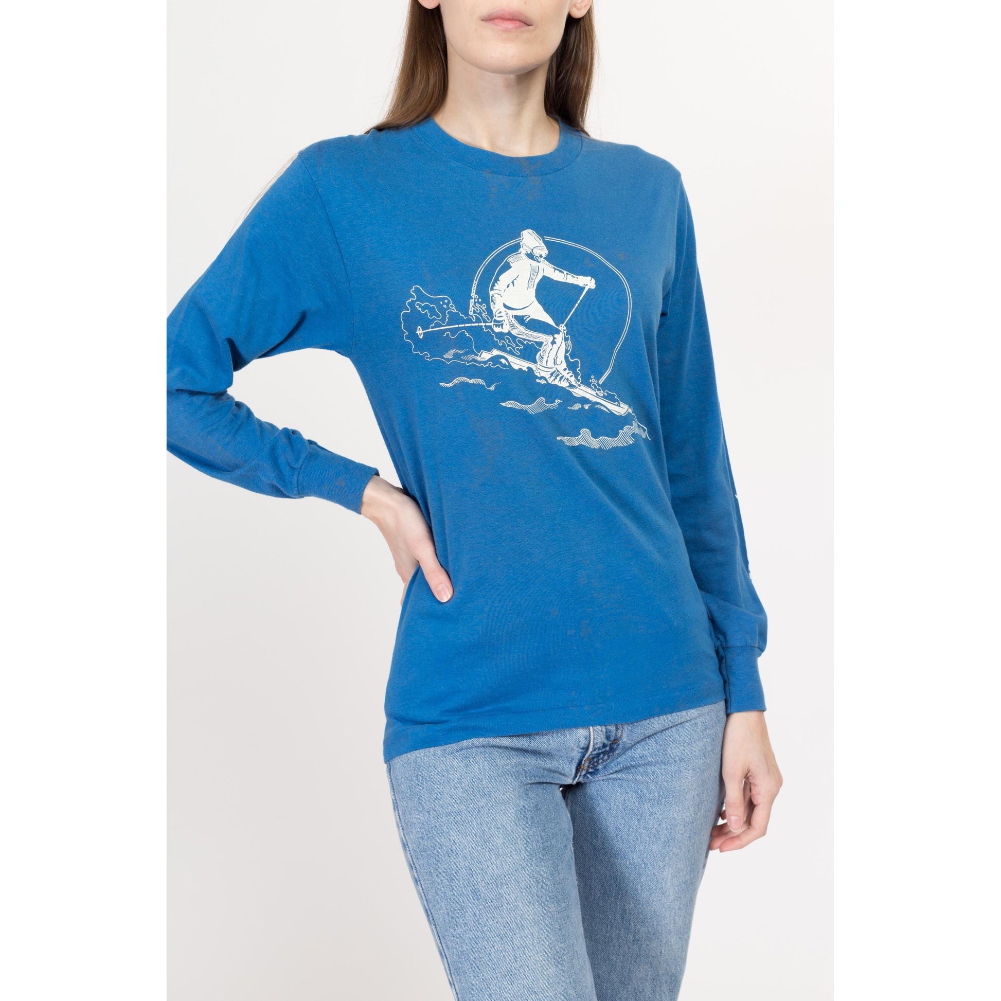 Small 80s Ski Resort Long Sleeve T Shirt Unisex | Vintage Blue Squaw Valley Palisades Tahoe Striped Graphic Tourist Tee