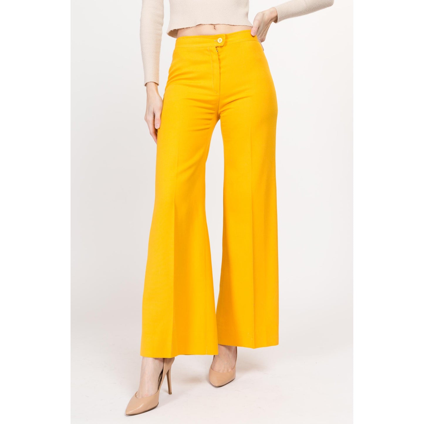 XS 70s Bright Yellow Flared Pants | Retro Vintage Mid High Rise Flares Disco Trousers