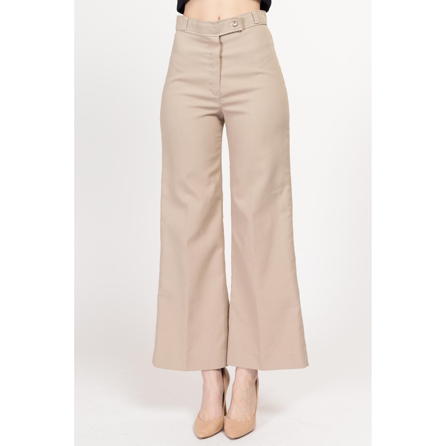 Small 70s Khaki High Waisted Flared Western Pants 26" | Retro Vintage Polyester Flares Disco Trousers