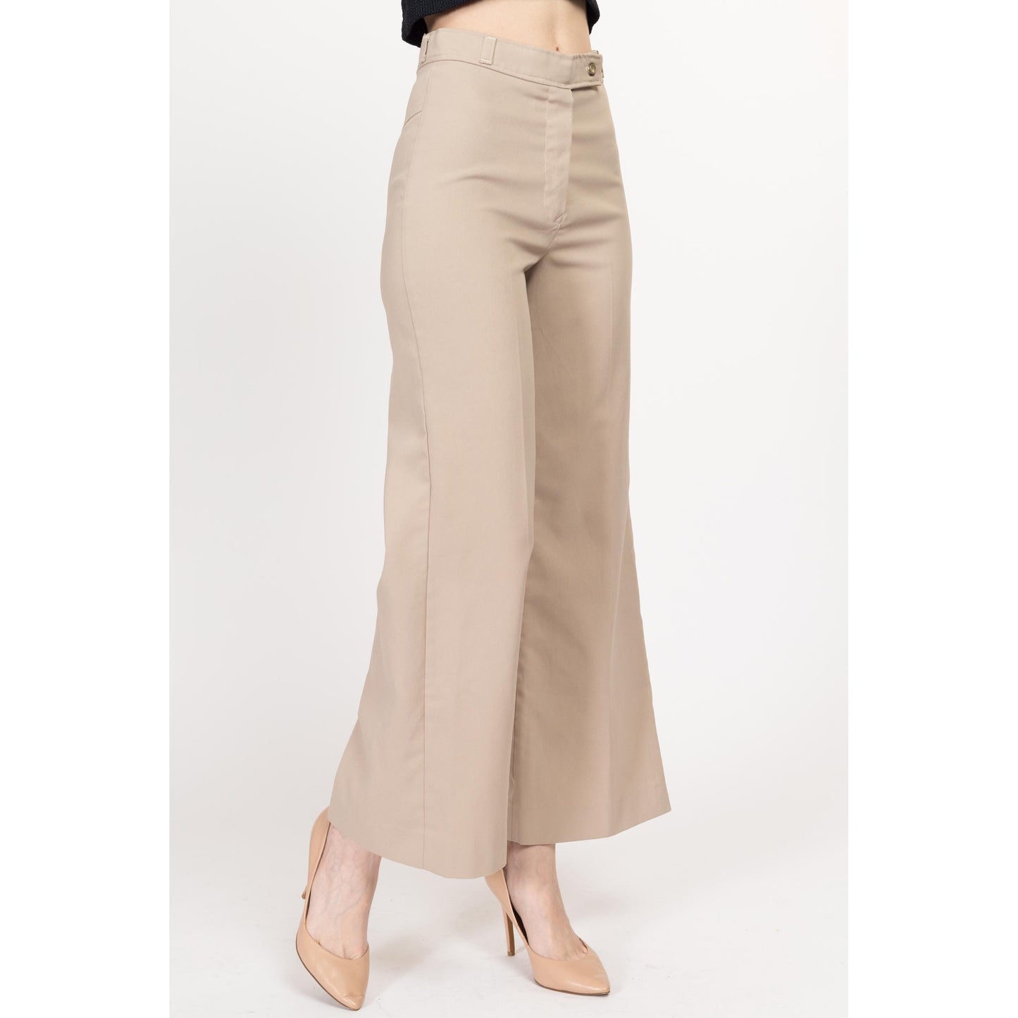 Small 70s Khaki High Waisted Flared Western Pants 26" | Retro Vintage Polyester Flares Disco Trousers