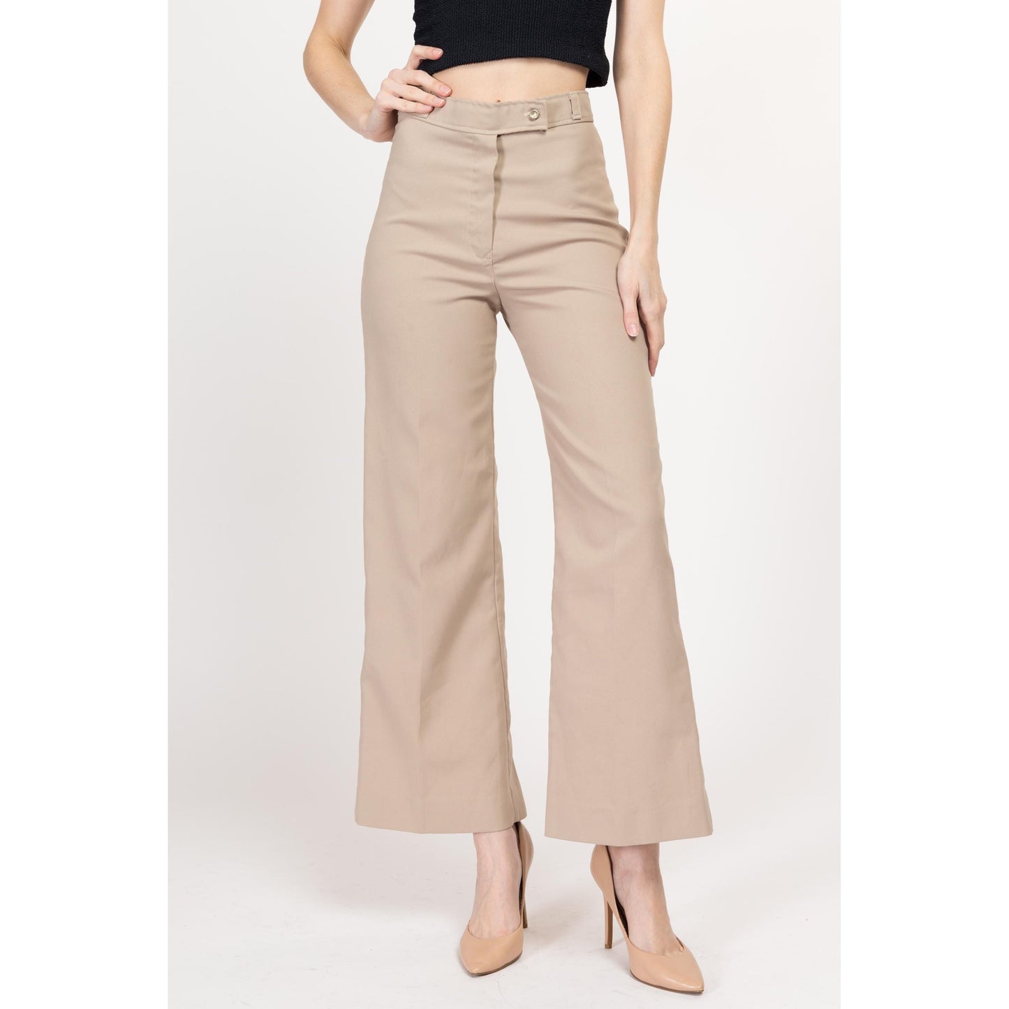 Small 70s Khaki High Waisted Flared Western Pants 26" | Retro Vintage Polyester Flares Disco Trousers