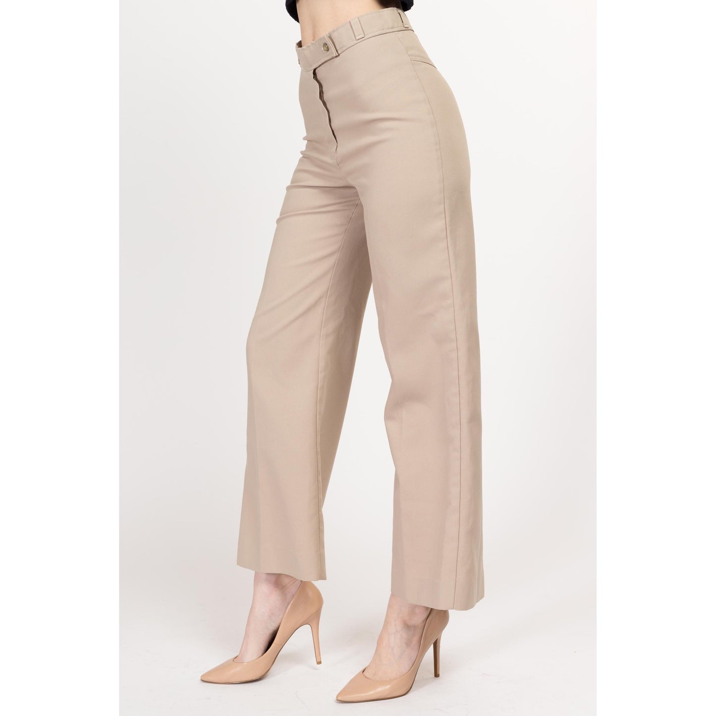 Small 70s Khaki High Waisted Flared Western Pants 26" | Retro Vintage Polyester Flares Disco Trousers