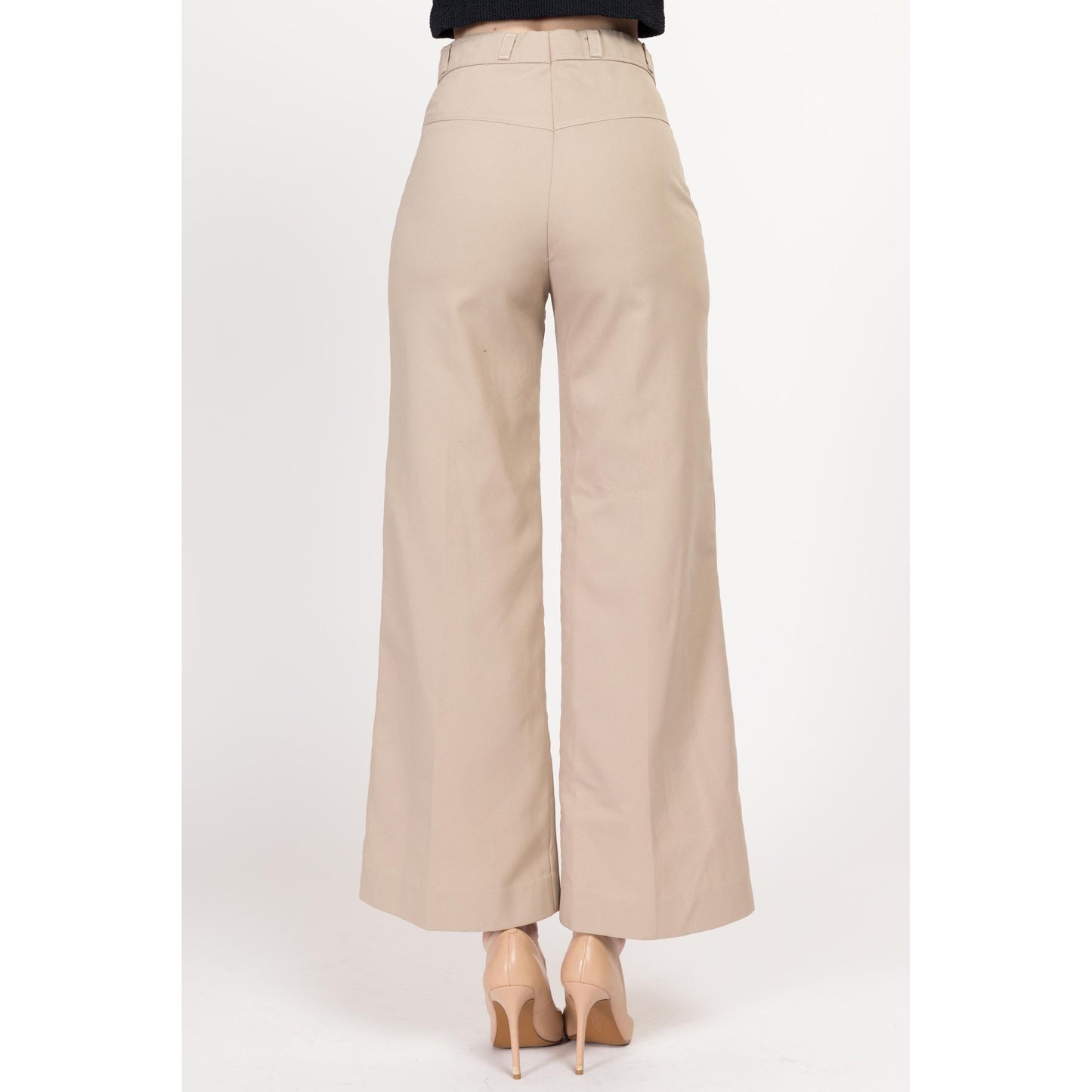 Small 70s Khaki High Waisted Flared Western Pants 26" | Retro Vintage Polyester Flares Disco Trousers