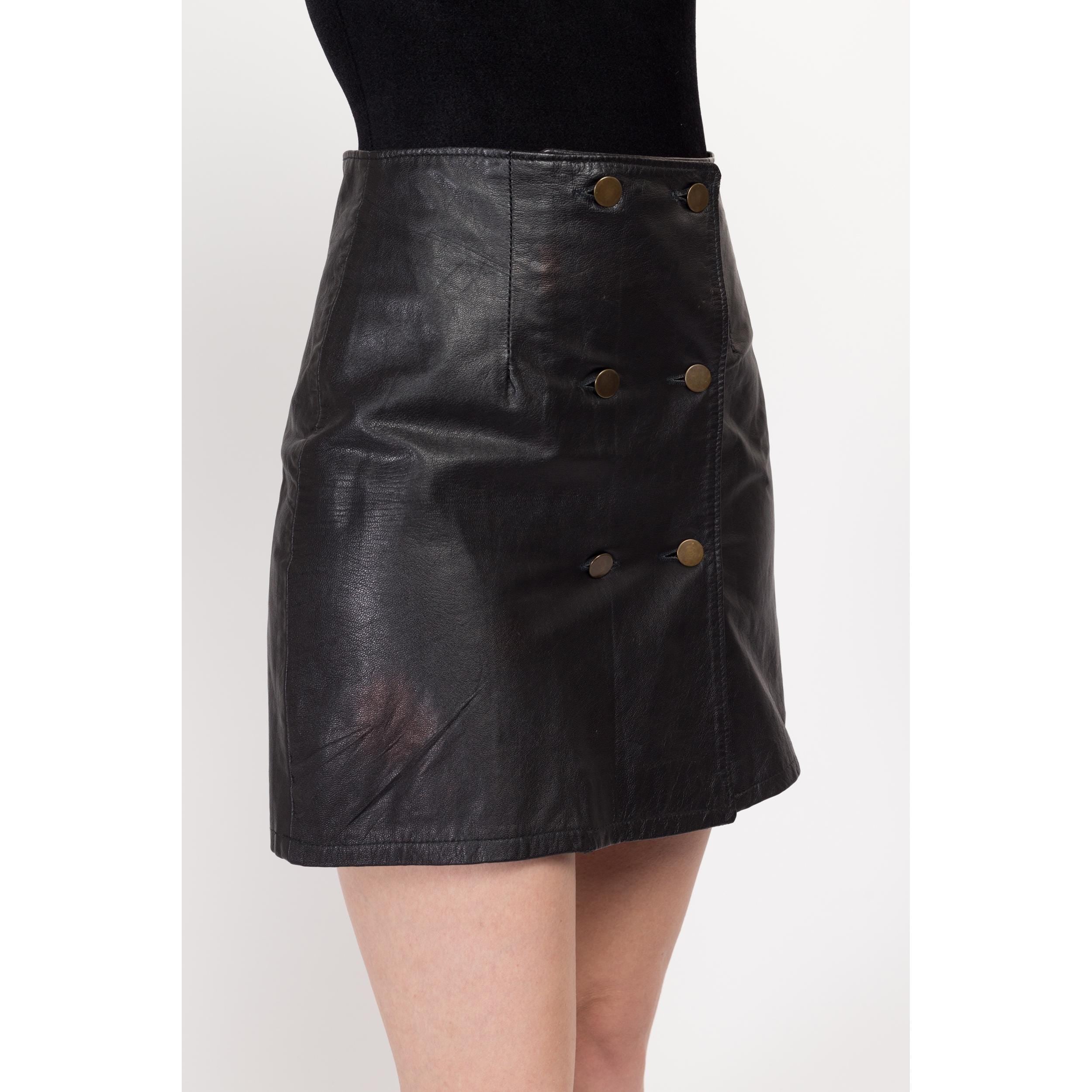 Small 90s Black Leather Mini Wrap Skirt 26 Flying Apple Vintage