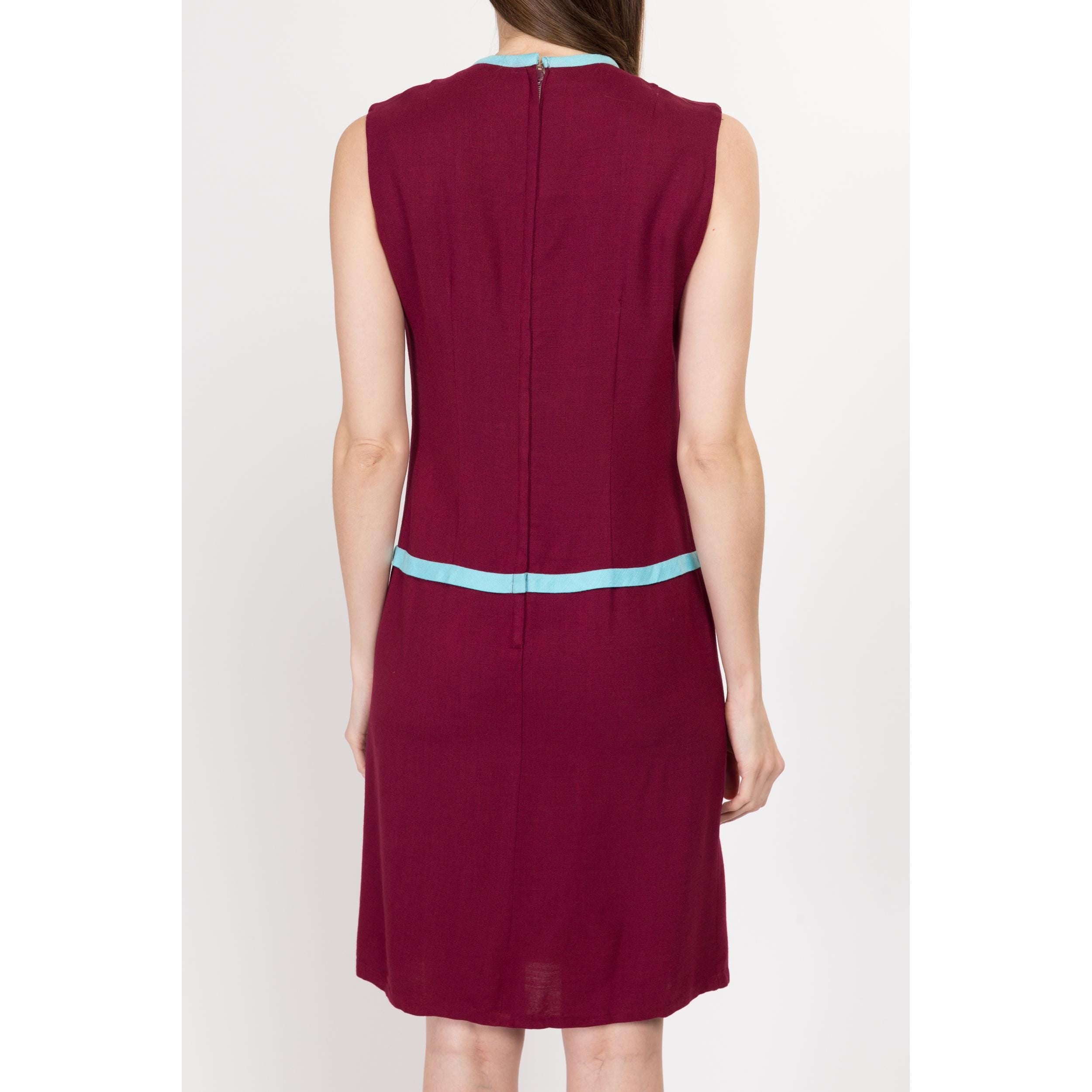 Vintage 60s 70s Mini Scooter Shift Dress Mod on sale Burgundy Polyester Retro Large