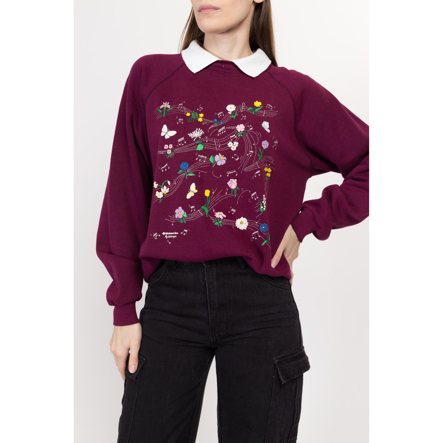 Large 90s Music Note & Butterfly Collared Sweatshirt | Vintage Burgundy Windy Floral Graphic Pullover