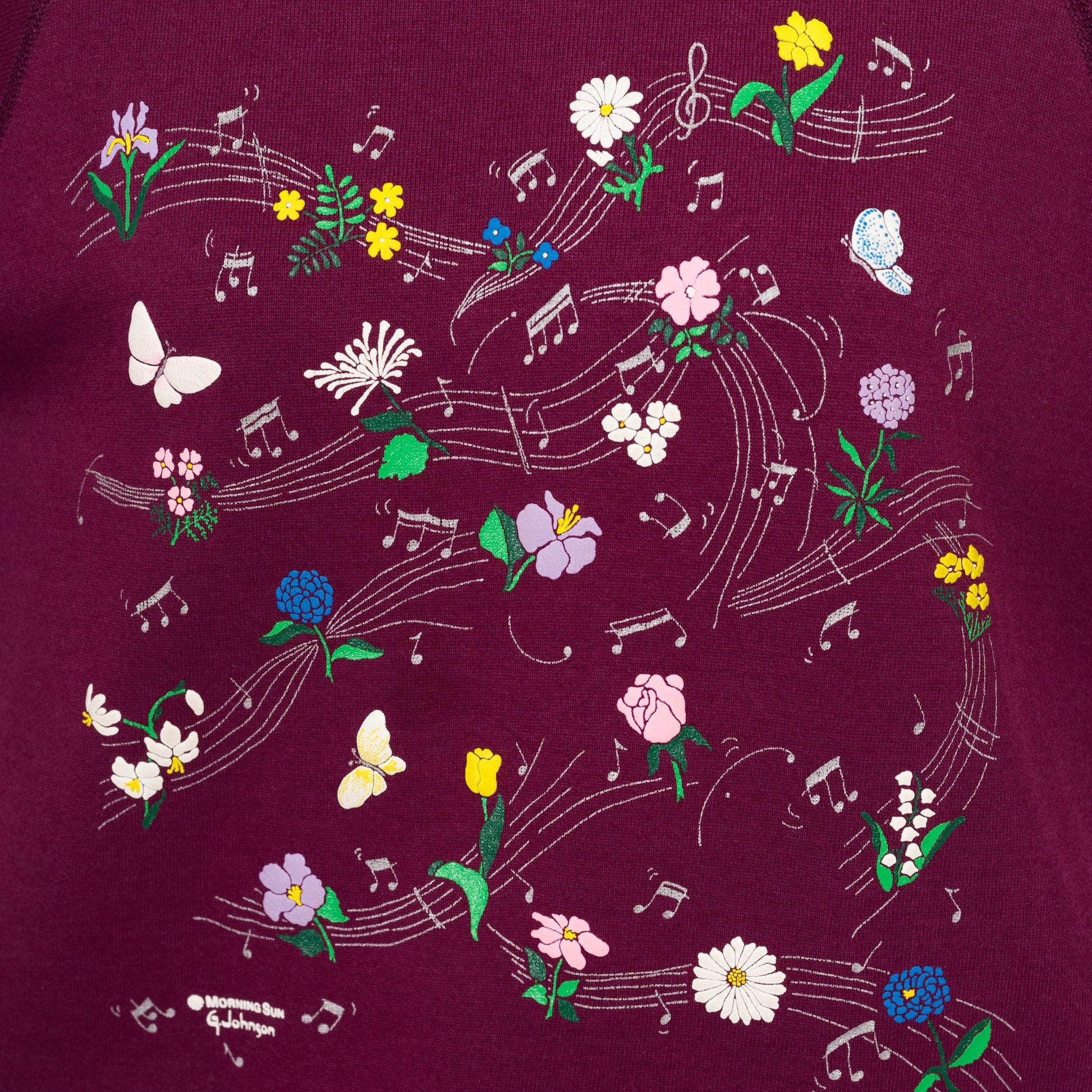 Large 90s Music Note & Butterfly Collared Sweatshirt | Vintage Burgundy Windy Floral Graphic Pullover