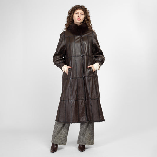 Medium 90s Dark Brown Leather & Fur Reversible Coat | Vintage Patchwork Collared Long Winter Jacket