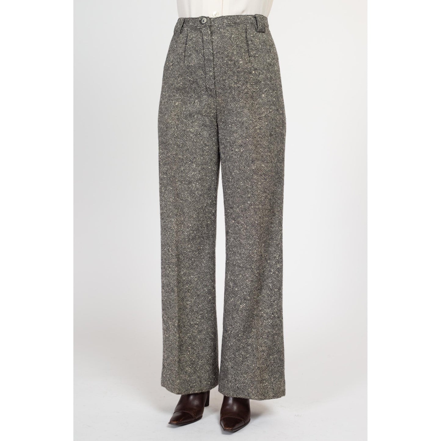 Medium 70s Salt & Pepper Wool Nep Pants 28" | Vintage High Waisted Bootcut Trousers