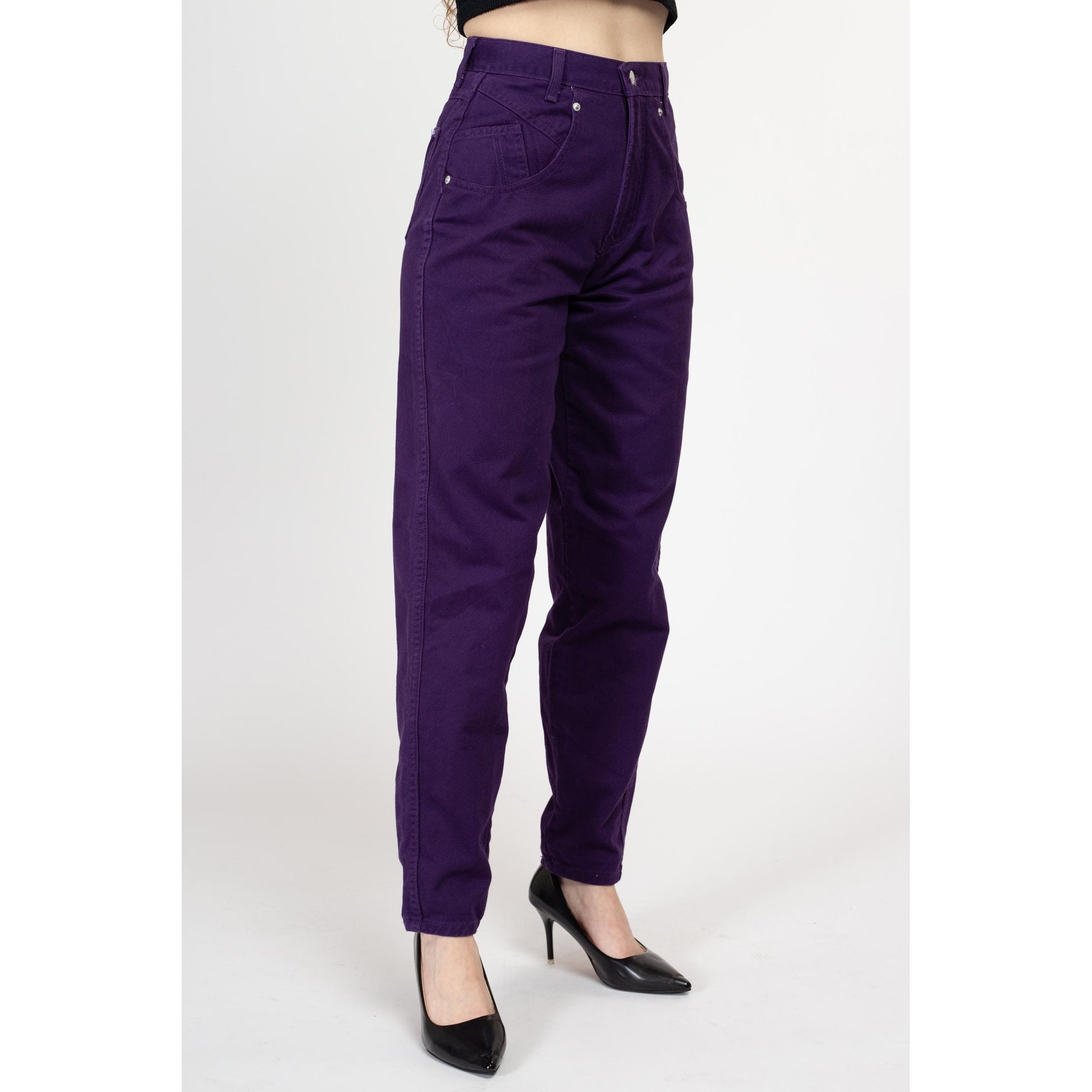 Small 90s Dark Purple High Waisted Jeans 27" Long | Vintage Denim Tall Tapered Leg Mom Jeans