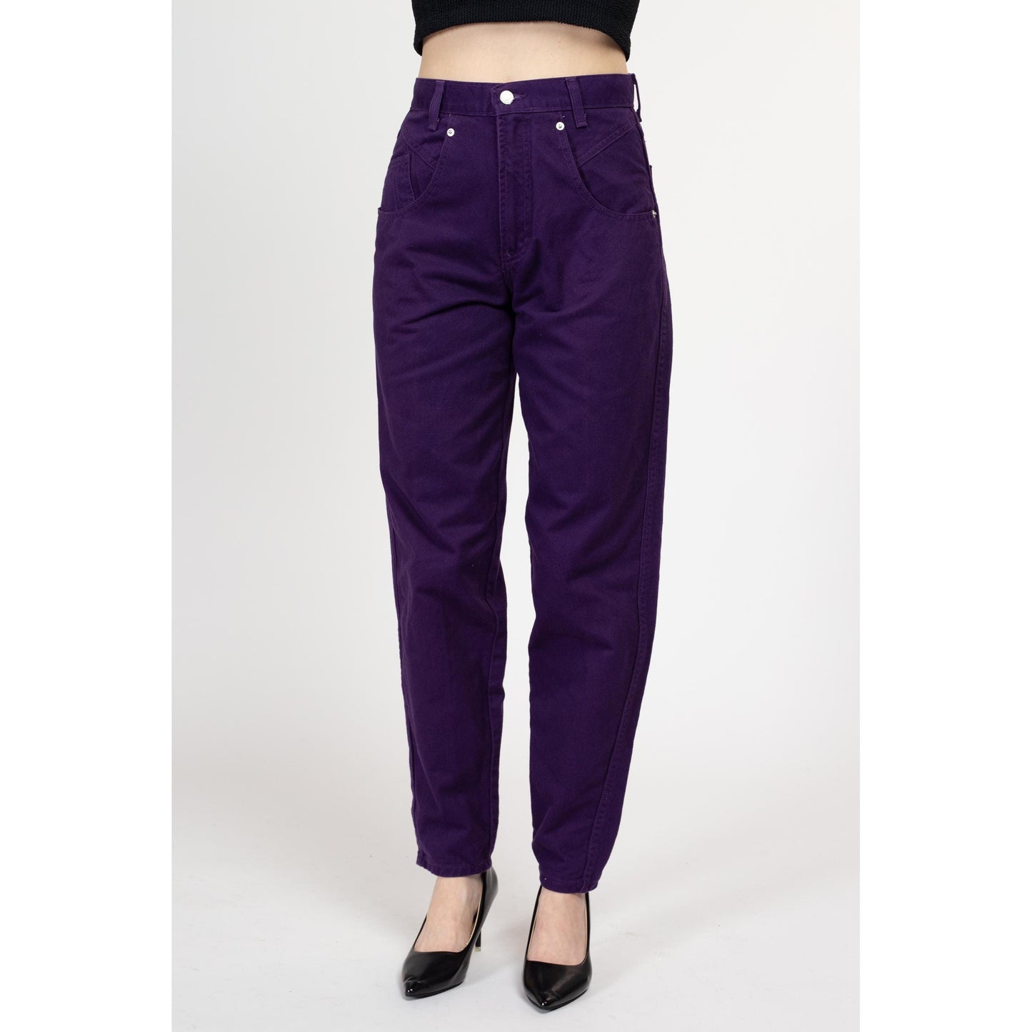 Small 90s Dark Purple High Waisted Jeans 27" Long | Vintage Denim Tall Tapered Leg Mom Jeans