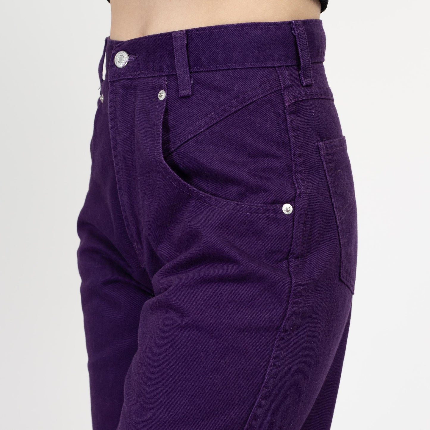 Small 90s Dark Purple High Waisted Jeans 27" Long | Vintage Denim Tall Tapered Leg Mom Jeans