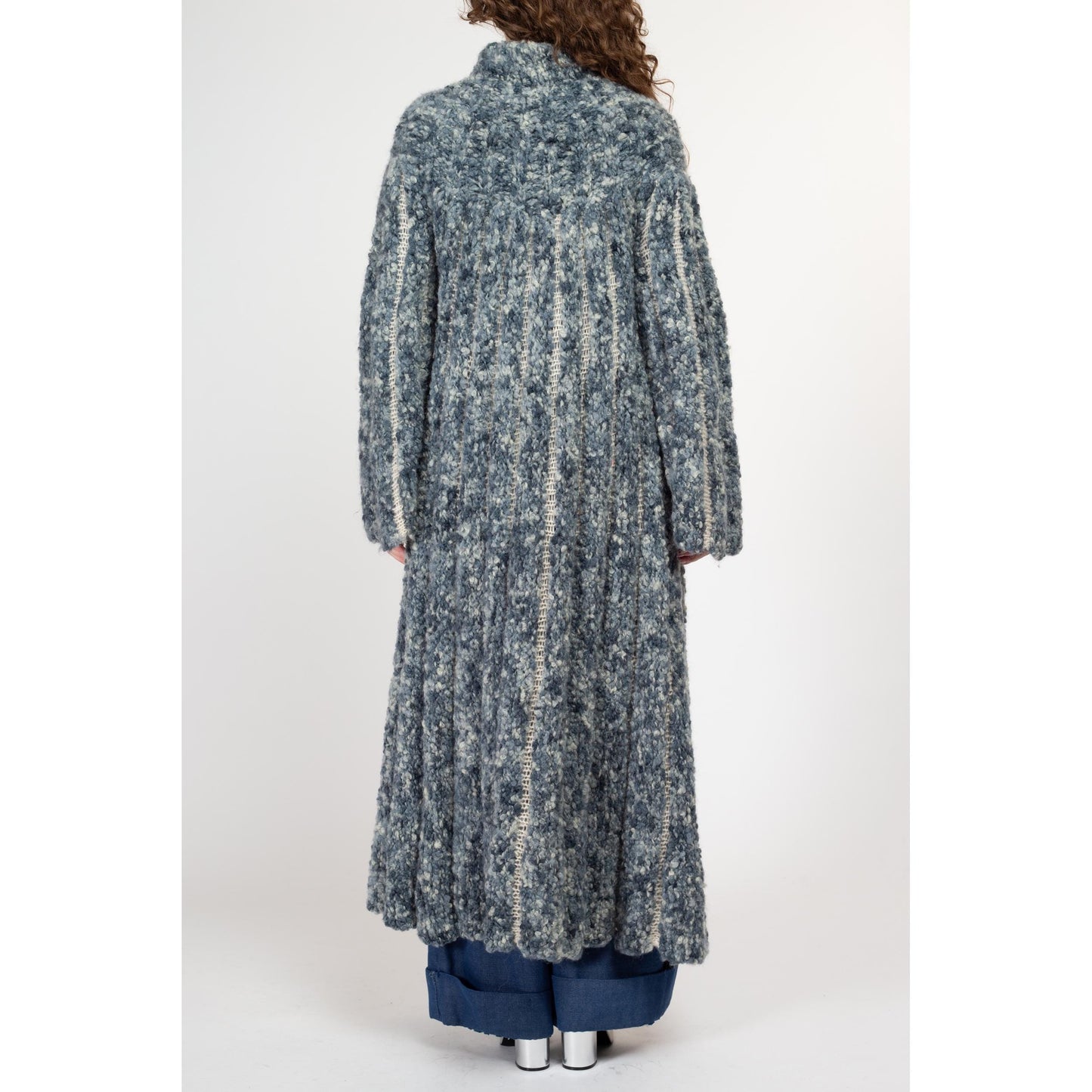 Large Vintage Blue Marled Knit Maxi Cardigan Coat | Boho Long Wool Sweater Winter Swing Jacket