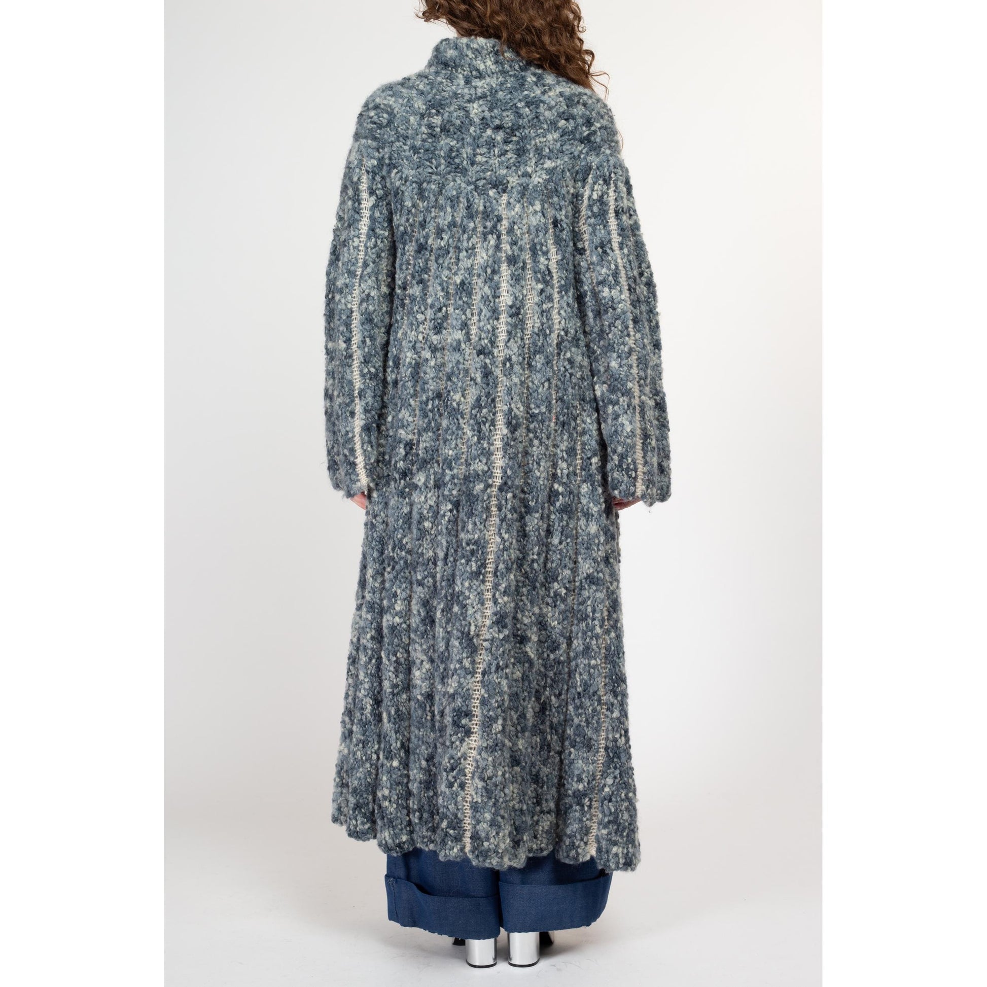 Large Vintage Blue Marled Knit Maxi Cardigan Coat | Boho Long Wool Sweater Winter Swing Jacket