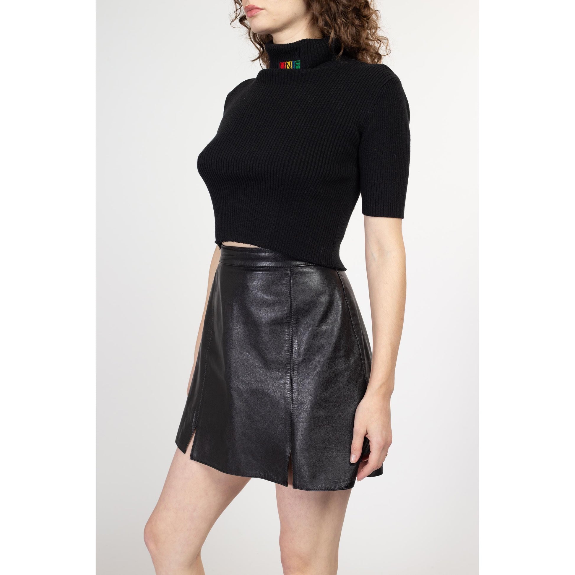 Medium 90s Black Leather A Line Mini Skirt 28.5" | Vintage Minimalist High Waisted Front Slit Miniskirt