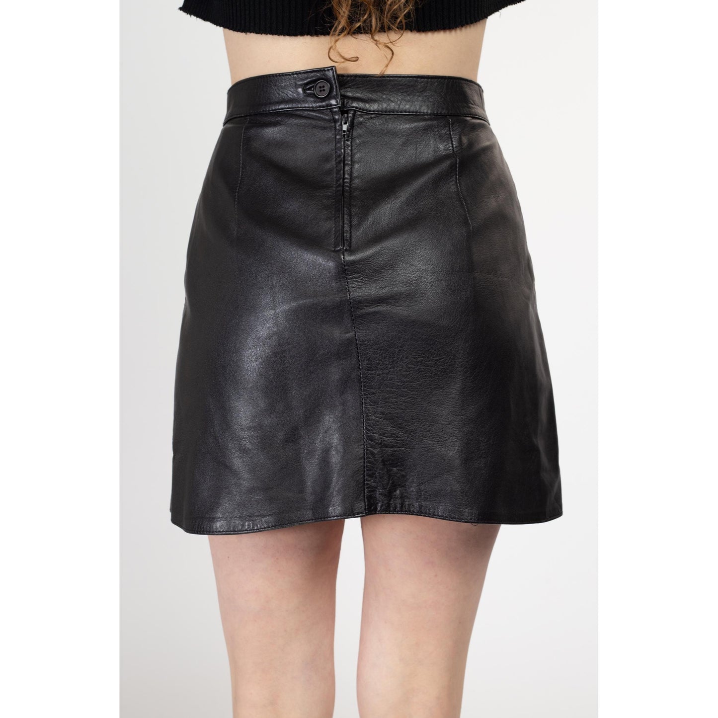 Medium 90s Black Leather A Line Mini Skirt 28.5" | Vintage Minimalist High Waisted Front Slit Miniskirt