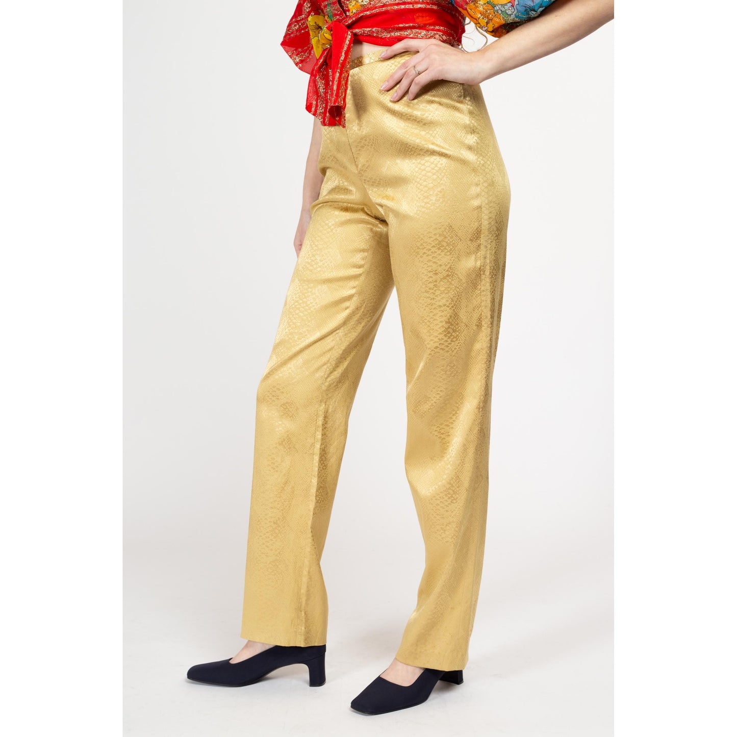 Small 80s Cache Gold Snakeskin Pants Size 6 | Vintage Mid High Rise Boho Glam Diamond Print Trousers