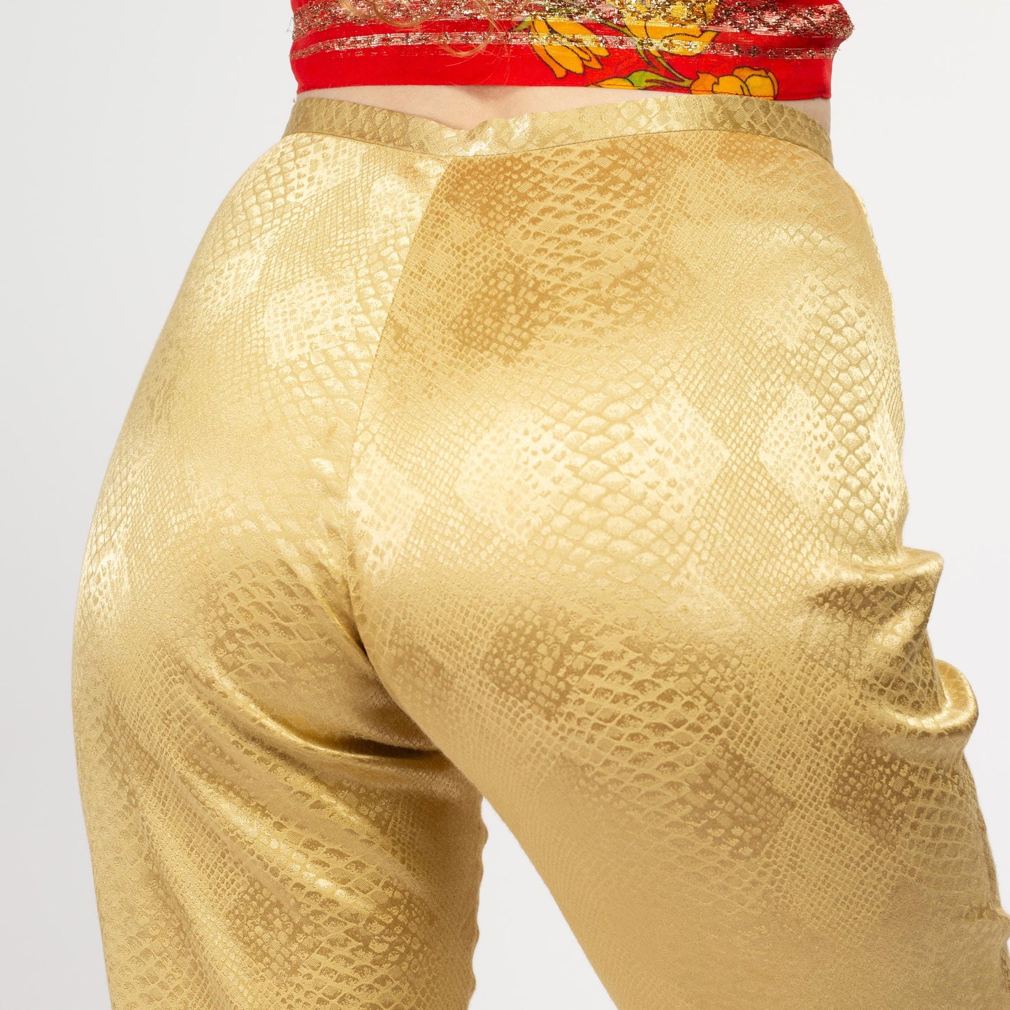 Small 80s Cache Gold Snakeskin Pants Size 6 | Vintage Mid High Rise Boho Glam Diamond Print Trousers