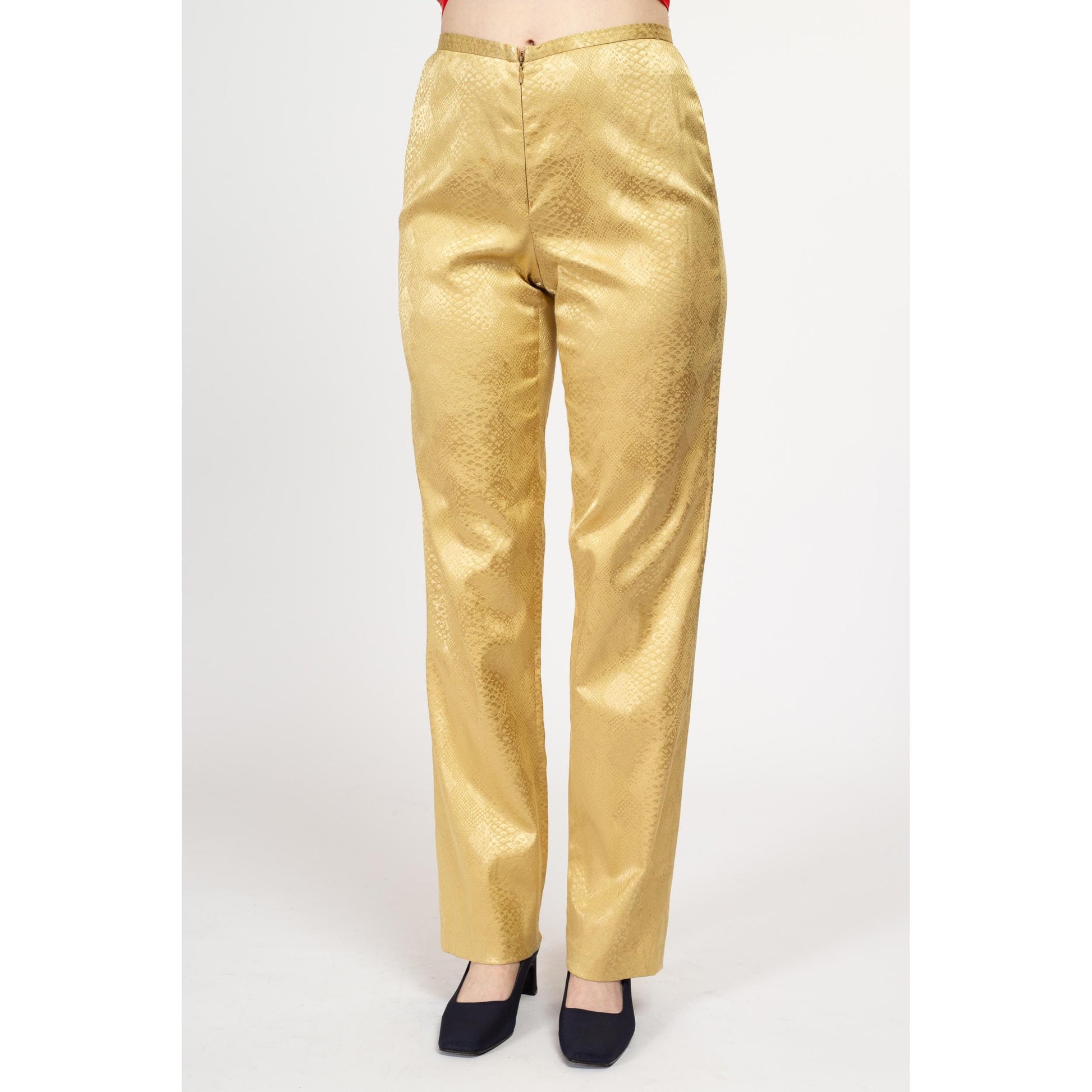 Small 80s Cache Gold Snakeskin Pants Size 6 | Vintage Mid High Rise Boho Glam Diamond Print Trousers