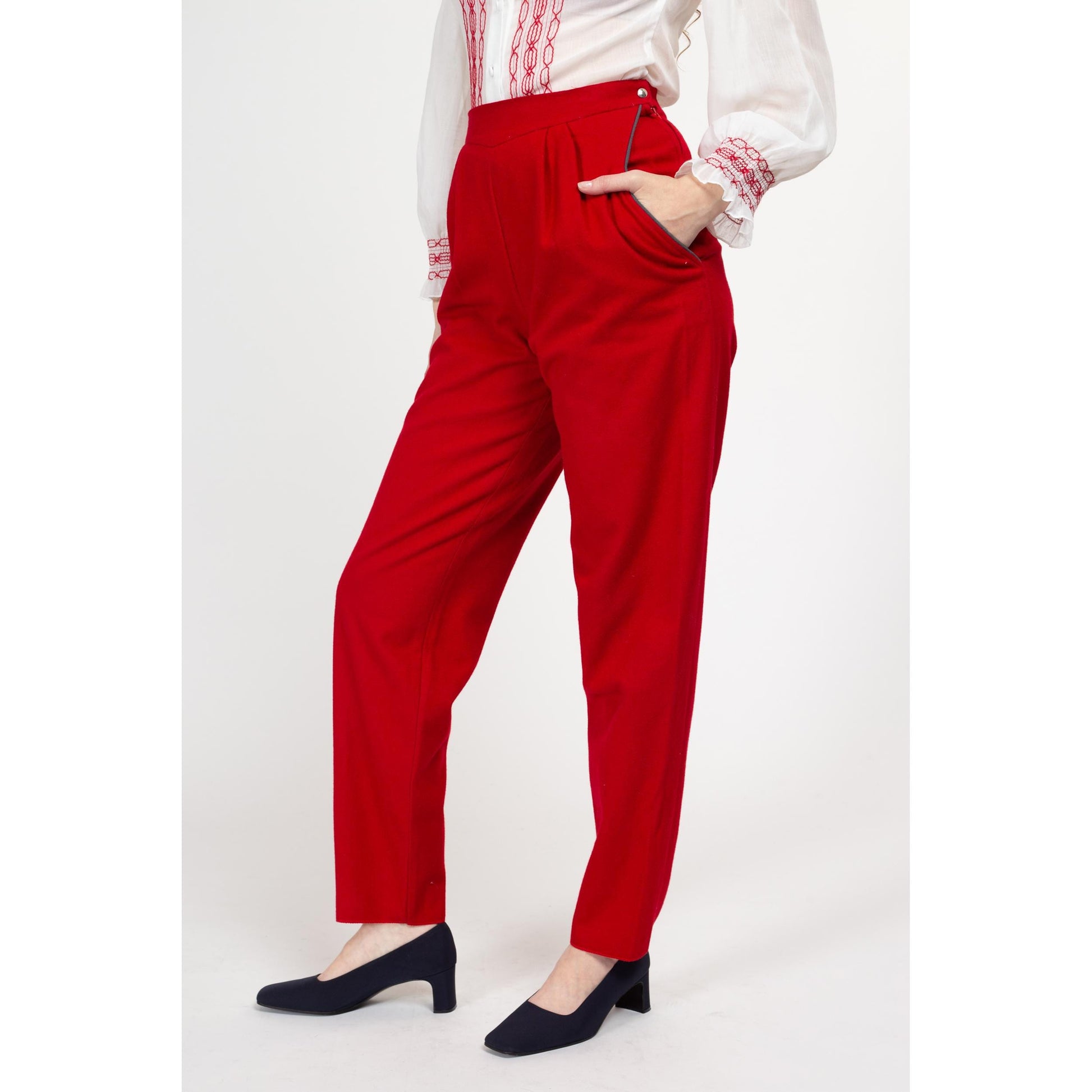 Small 80s Red Wool Trousers 26" Petite | Vintage High Waisted Pleated Tapered Leg Pants