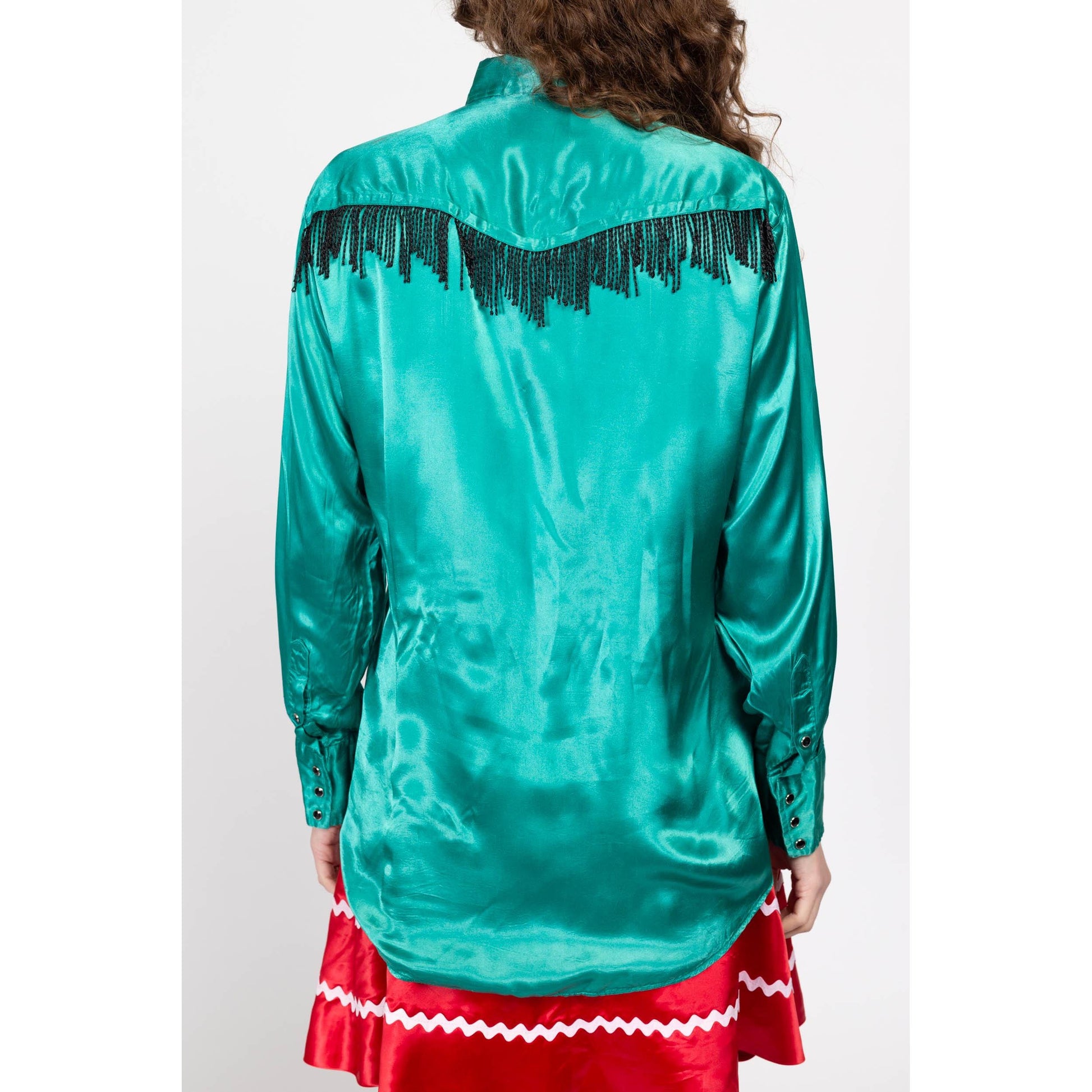 Large 70s Kenny Rogers Teal Satin Pearl Snap Western Shirt | Vintage Long Sleeve Fringe Rockabilly Top