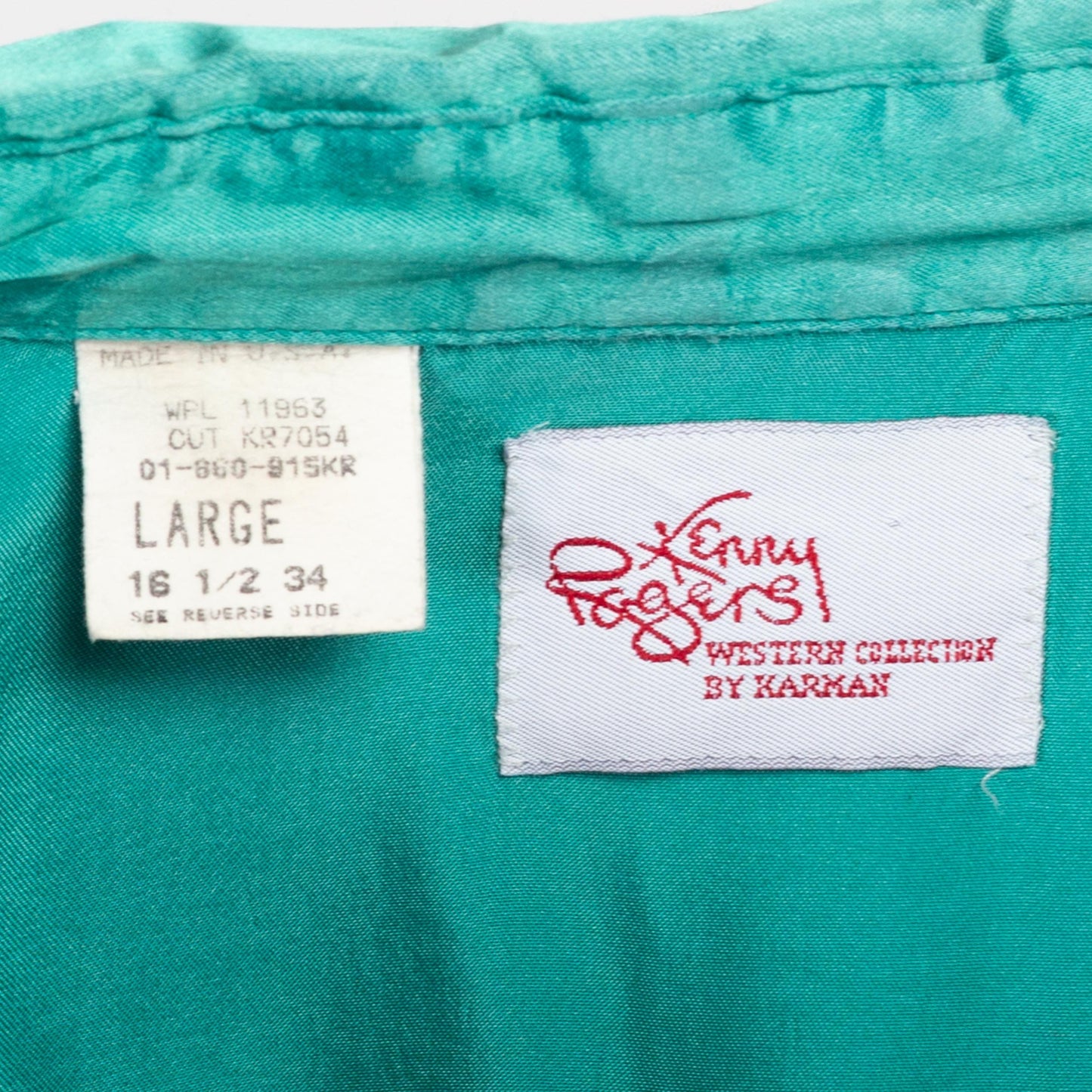 Large 70s Kenny Rogers Teal Satin Pearl Snap Western Shirt | Vintage Long Sleeve Fringe Rockabilly Top