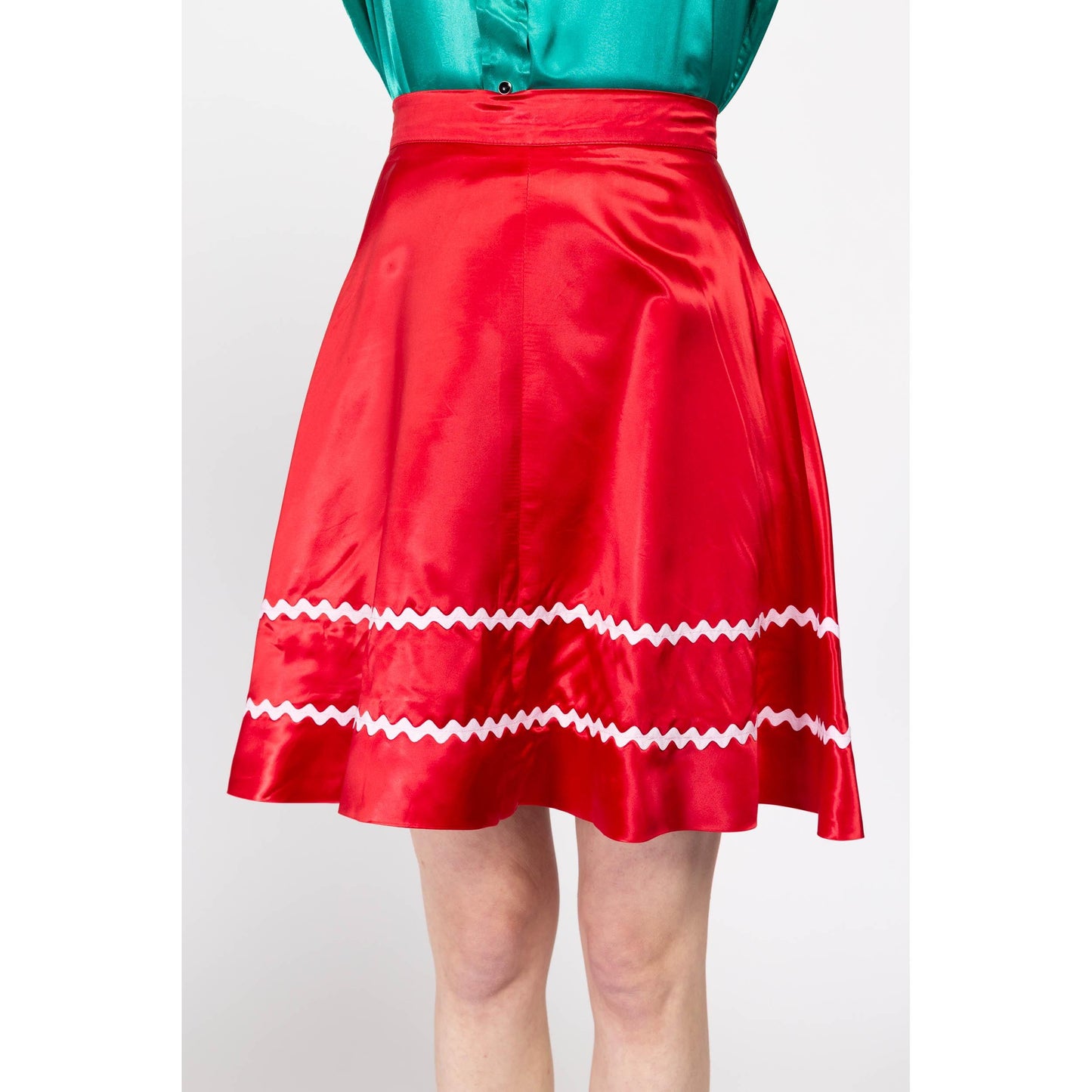 Small 70s Red Satin Square Dance Skirt 26.5" | Vintage Rockabilly Ric Rac Trim High Waisted Half Circle Skirt