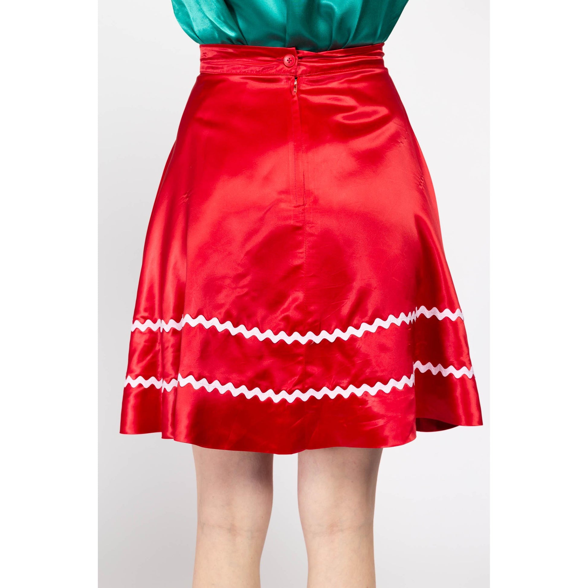 Small 70s Red Satin Square Dance Skirt 26.5" | Vintage Rockabilly Ric Rac Trim High Waisted Half Circle Skirt