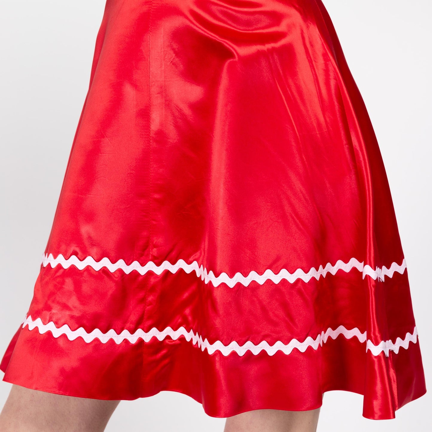 Small 70s Red Satin Square Dance Skirt 26.5" | Vintage Rockabilly Ric Rac Trim High Waisted Half Circle Skirt