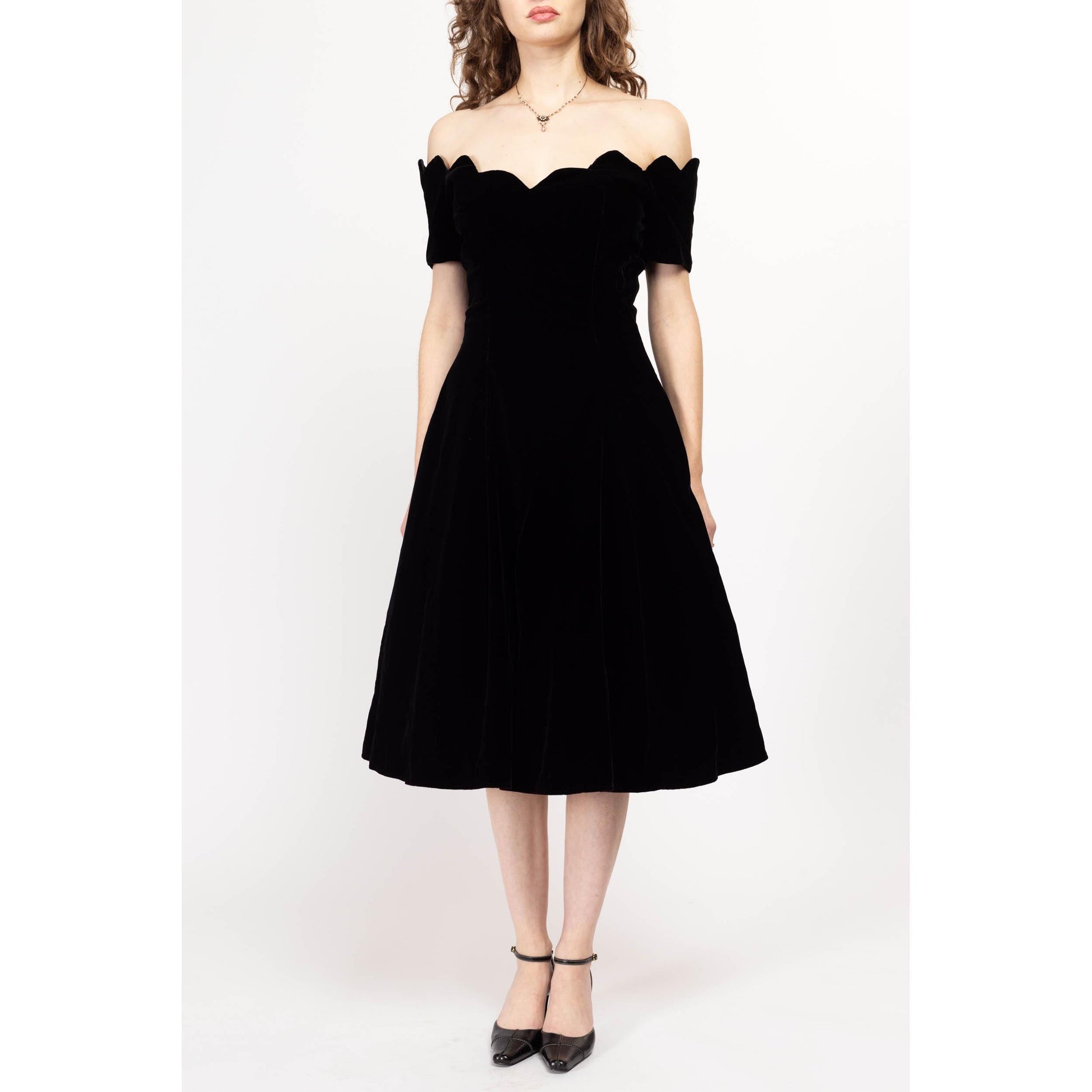 Medium 80s Black Velvet Off-Shoulder Fit & Flare Party Dress | Vintage Scalloped Neckline Formal Midi Dress