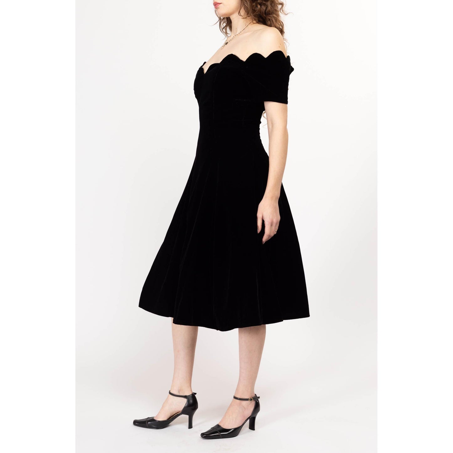 Medium 80s Black Velvet Off-Shoulder Fit & Flare Party Dress | Vintage Scalloped Neckline Formal Midi Dress