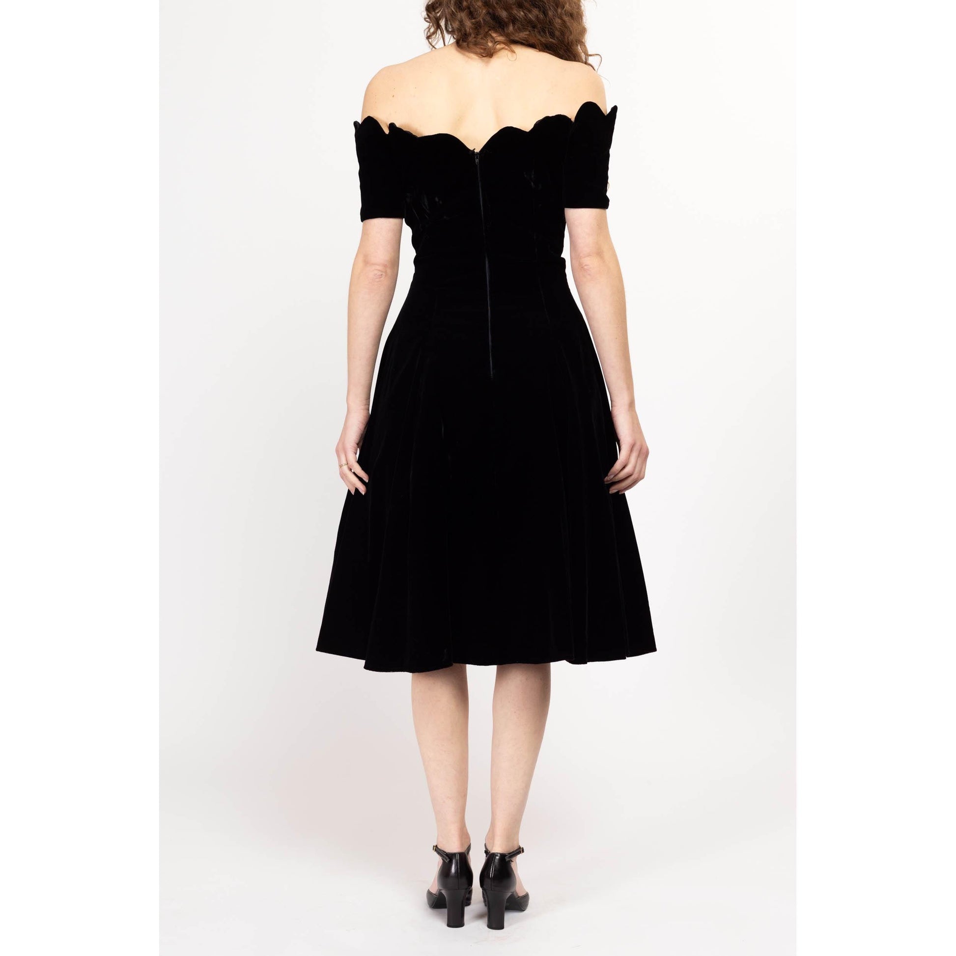 Medium 80s Black Velvet Off-Shoulder Fit & Flare Party Dress | Vintage Scalloped Neckline Formal Midi Dress