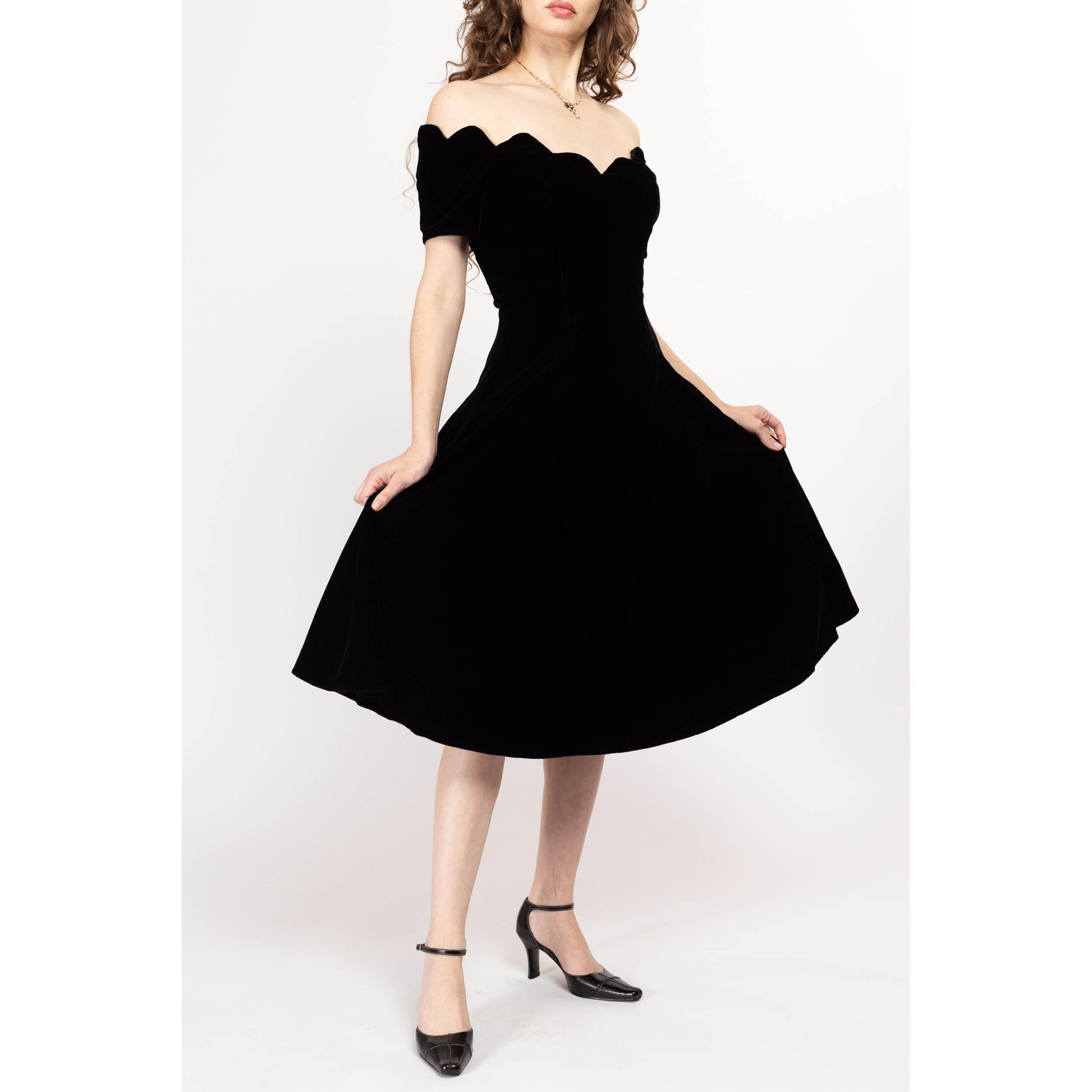 Medium 80s Black Velvet Off-Shoulder Fit & Flare Party Dress | Vintage Scalloped Neckline Formal Midi Dress