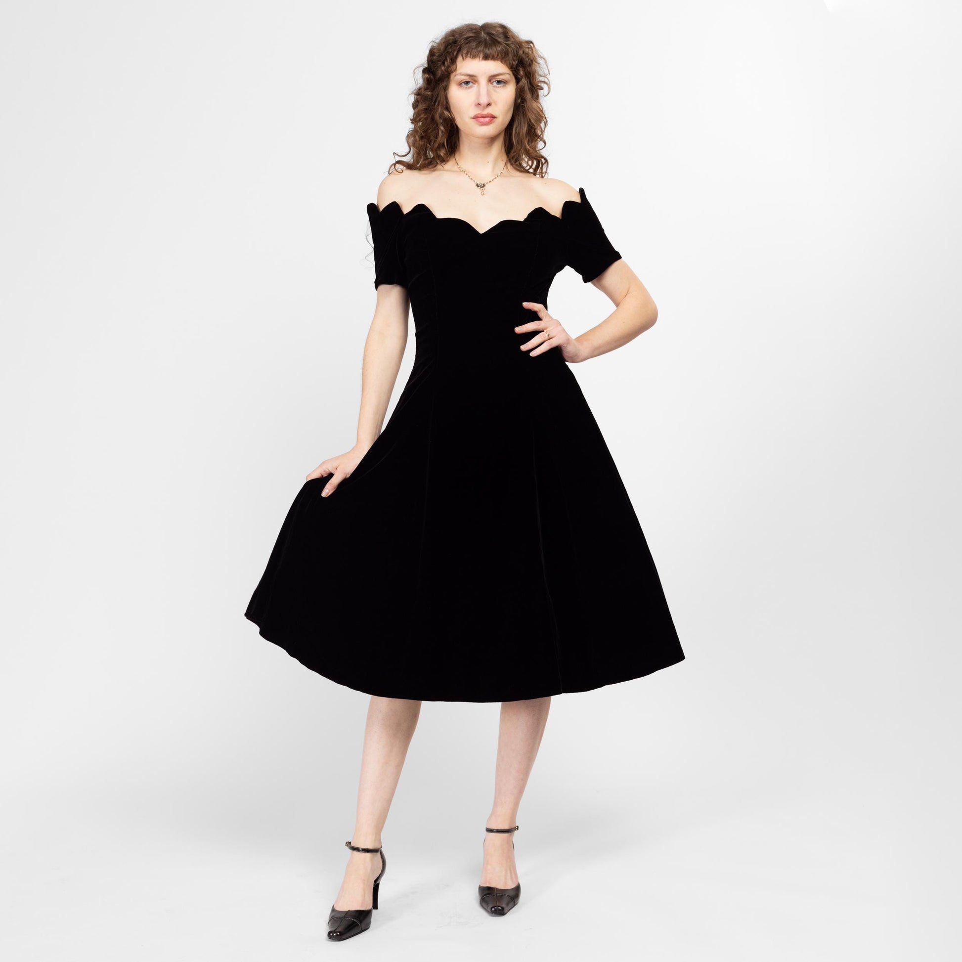 Medium 80s Black Velvet Off-Shoulder Fit & Flare Party Dress | Vintage Scalloped Neckline Formal Midi Dress