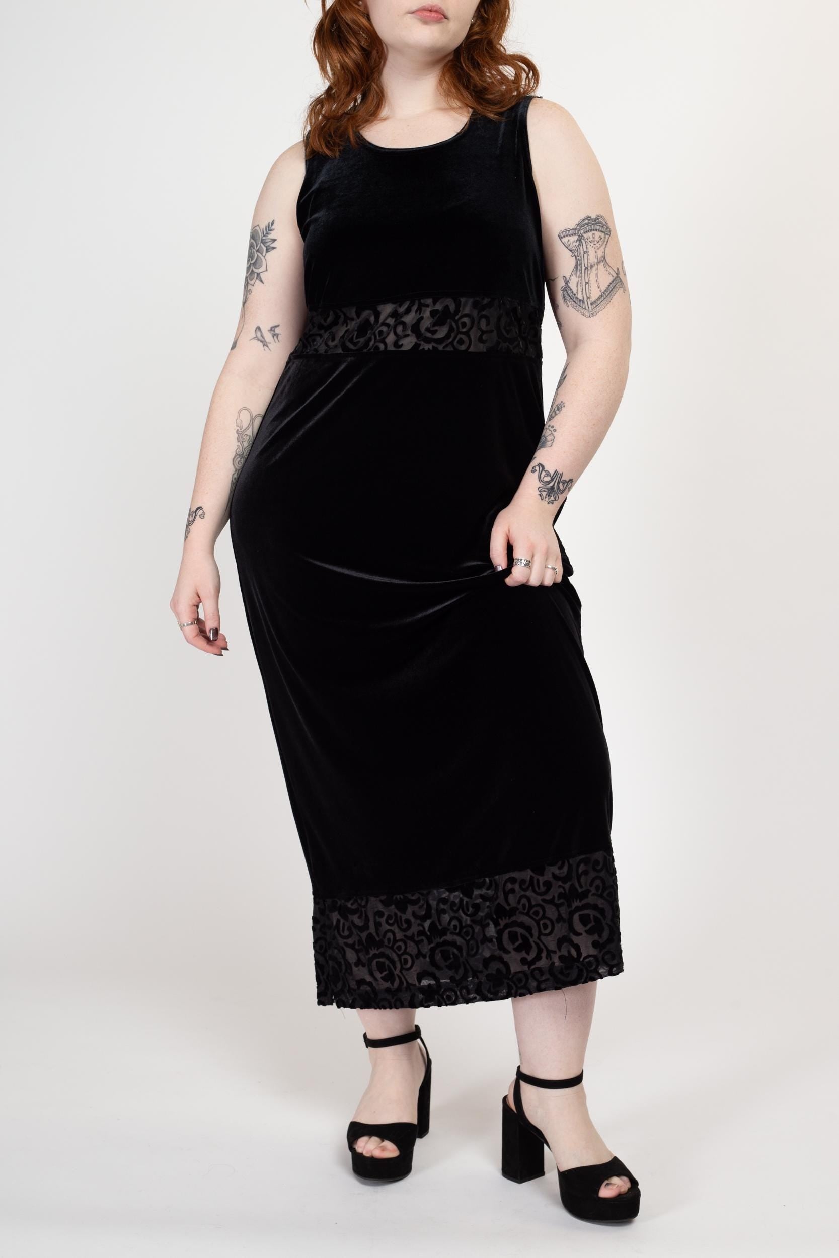 Petite Large 90s Black Velvet Sheer Waist Maxi Dress | Vintage Sleeveless Slinky Cocktail Dress