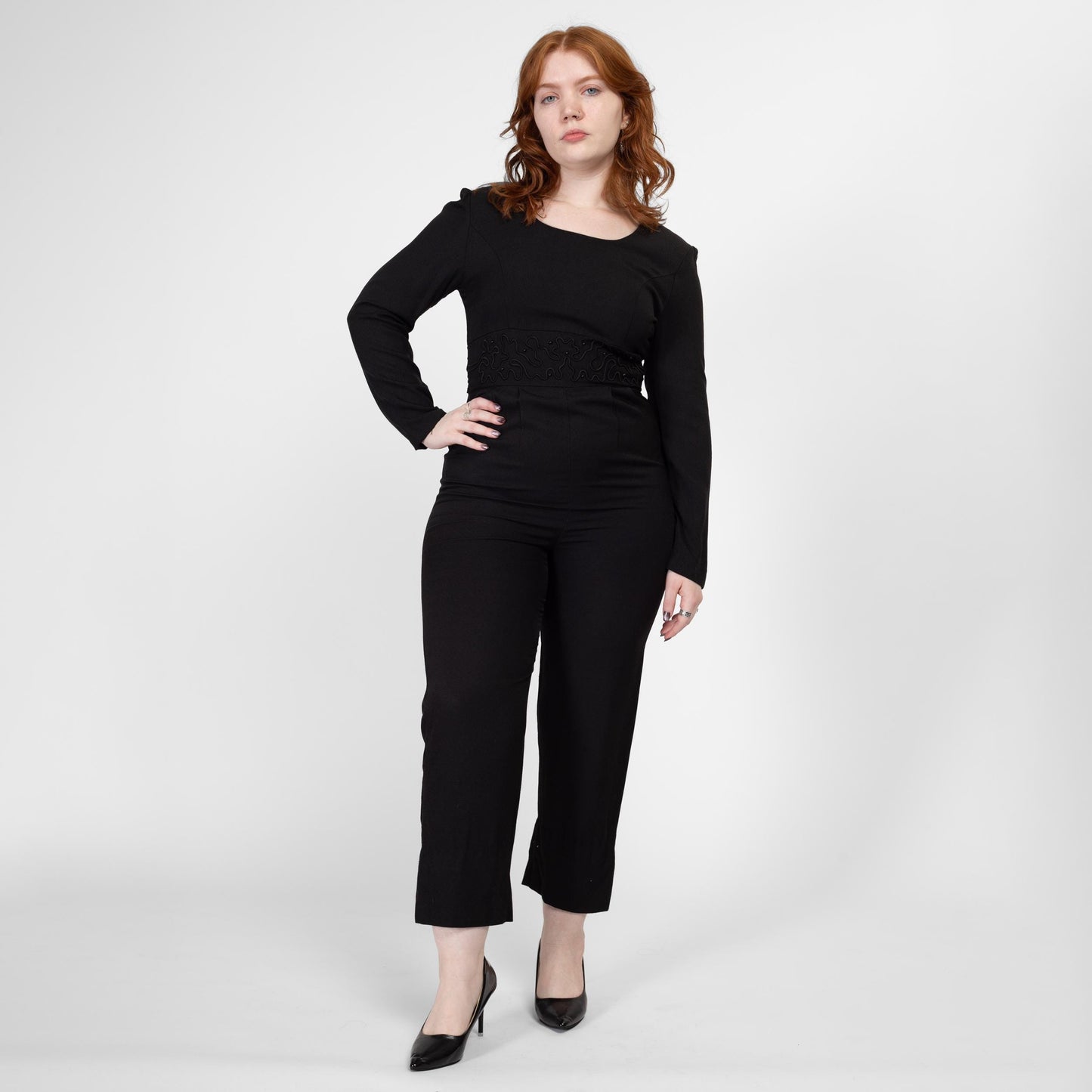 Medium 80s Black Soutache Trim Jumpsuit | Vintage Power Suit Long Sleeve Tapered Leg Pantsuit