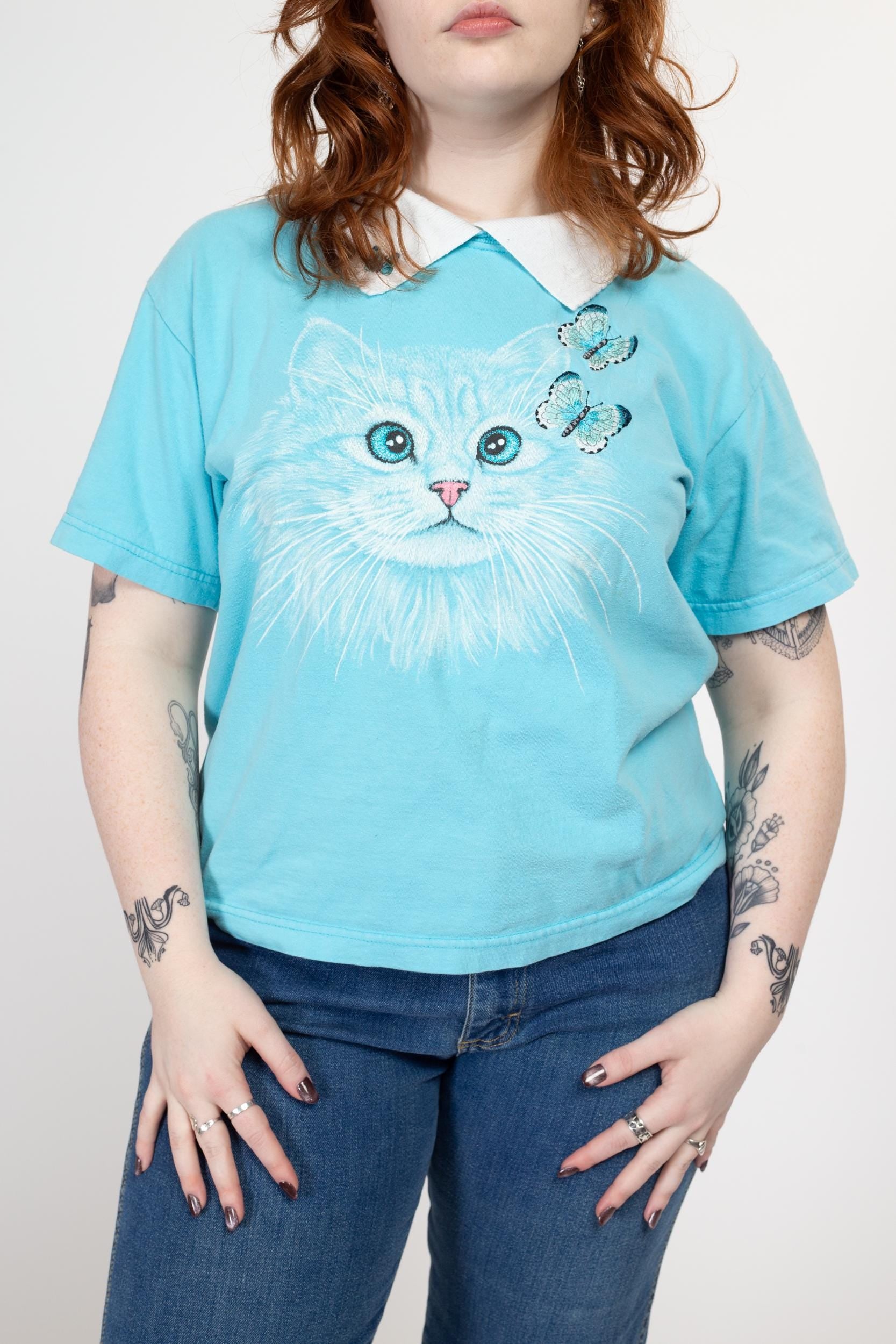 Medium 90s Cat & Butterfly Collared Shirt | Vintage Blue Cute Animal Graphic T Shirt