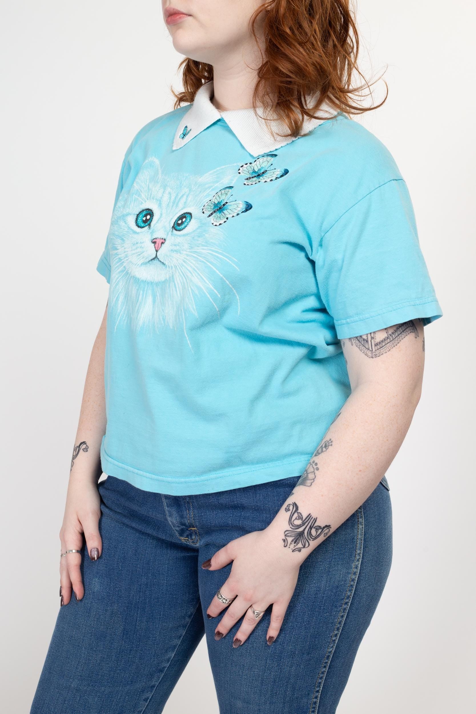 Medium 90s Cat & Butterfly Collared Shirt | Vintage Blue Cute Animal Graphic T Shirt