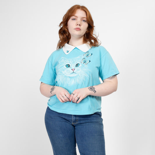 Medium 90s Cat & Butterfly Collared Shirt | Vintage Blue Cute Animal Graphic T Shirt