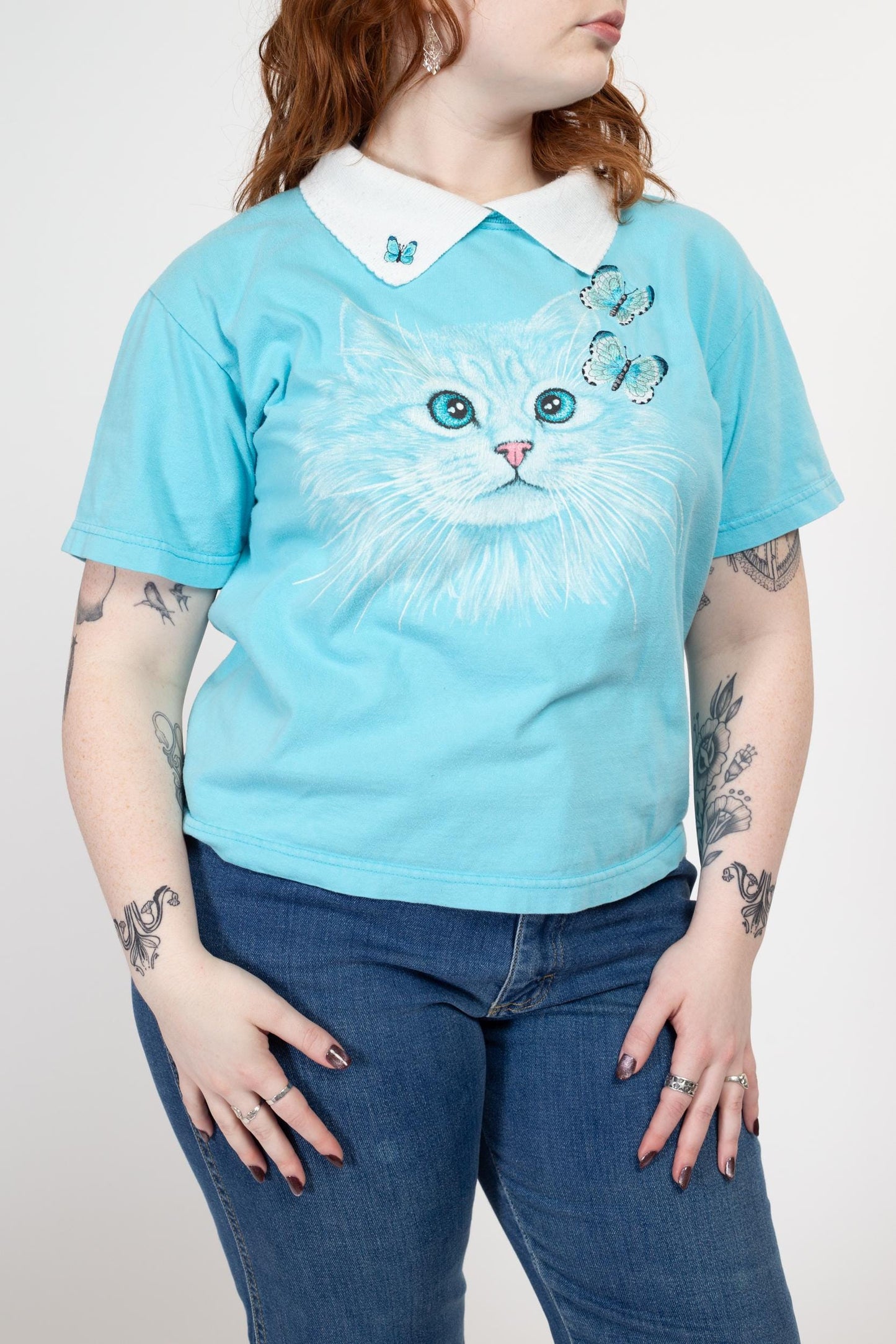 Medium 90s Cat & Butterfly Collared Shirt | Vintage Blue Cute Animal Graphic T Shirt