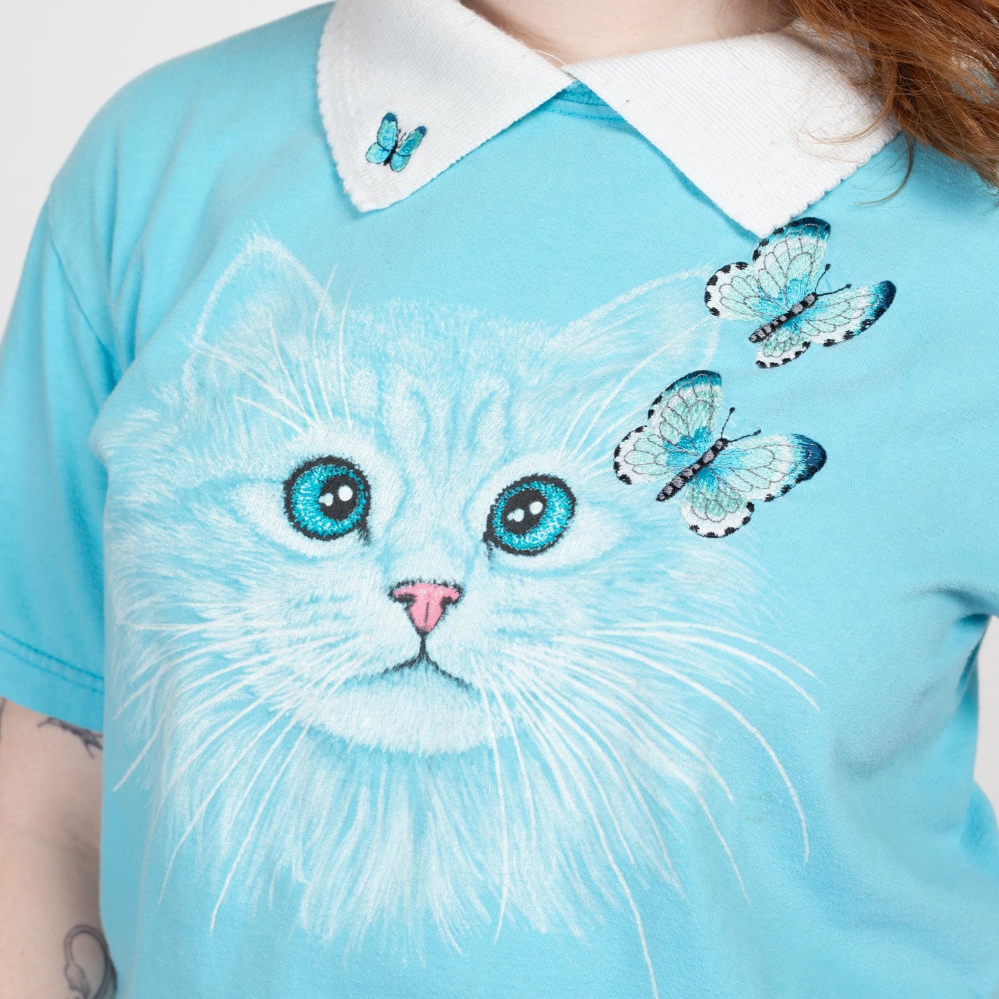 Medium 90s Cat & Butterfly Collared Shirt | Vintage Blue Cute Animal Graphic T Shirt