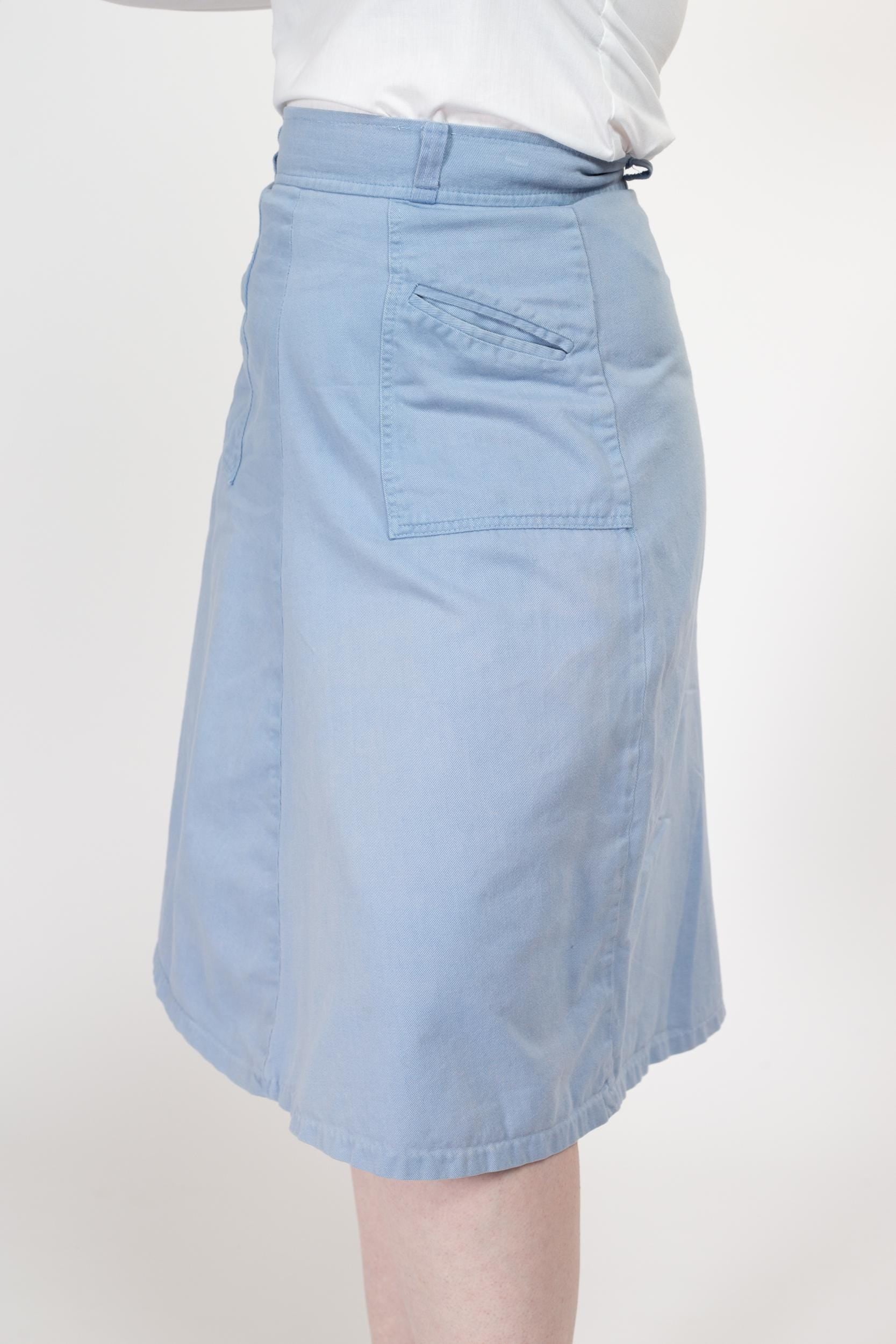 Medium 70s Light Blue Pocket Midi Skirt 29" | Vintage Belted Retro High Waisted A-Line Cotton Skirt