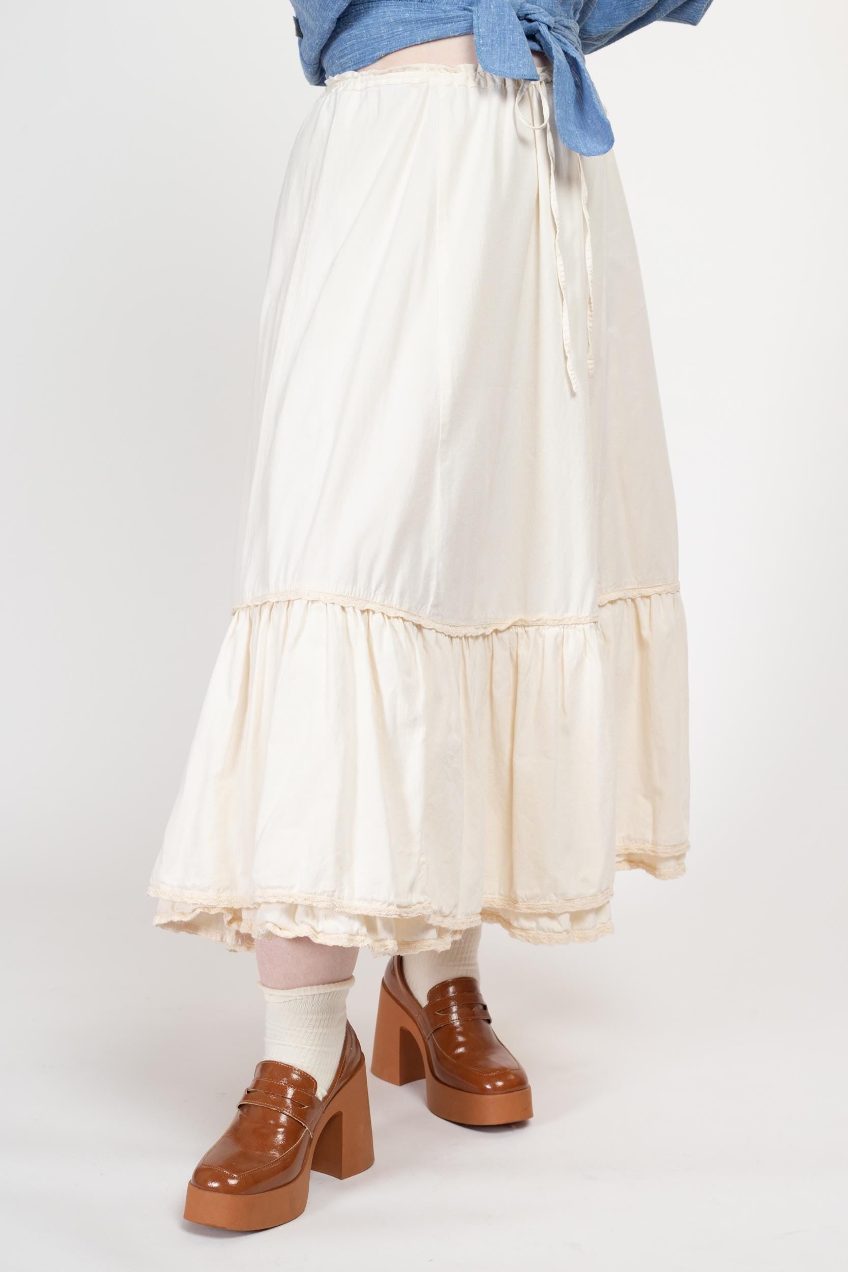 Sm-Lrg 80s Boho Cream Cotton Western Maxi Skirt | Vintage Frontier Classics Crochet Trim Cottagecore Full Skirt