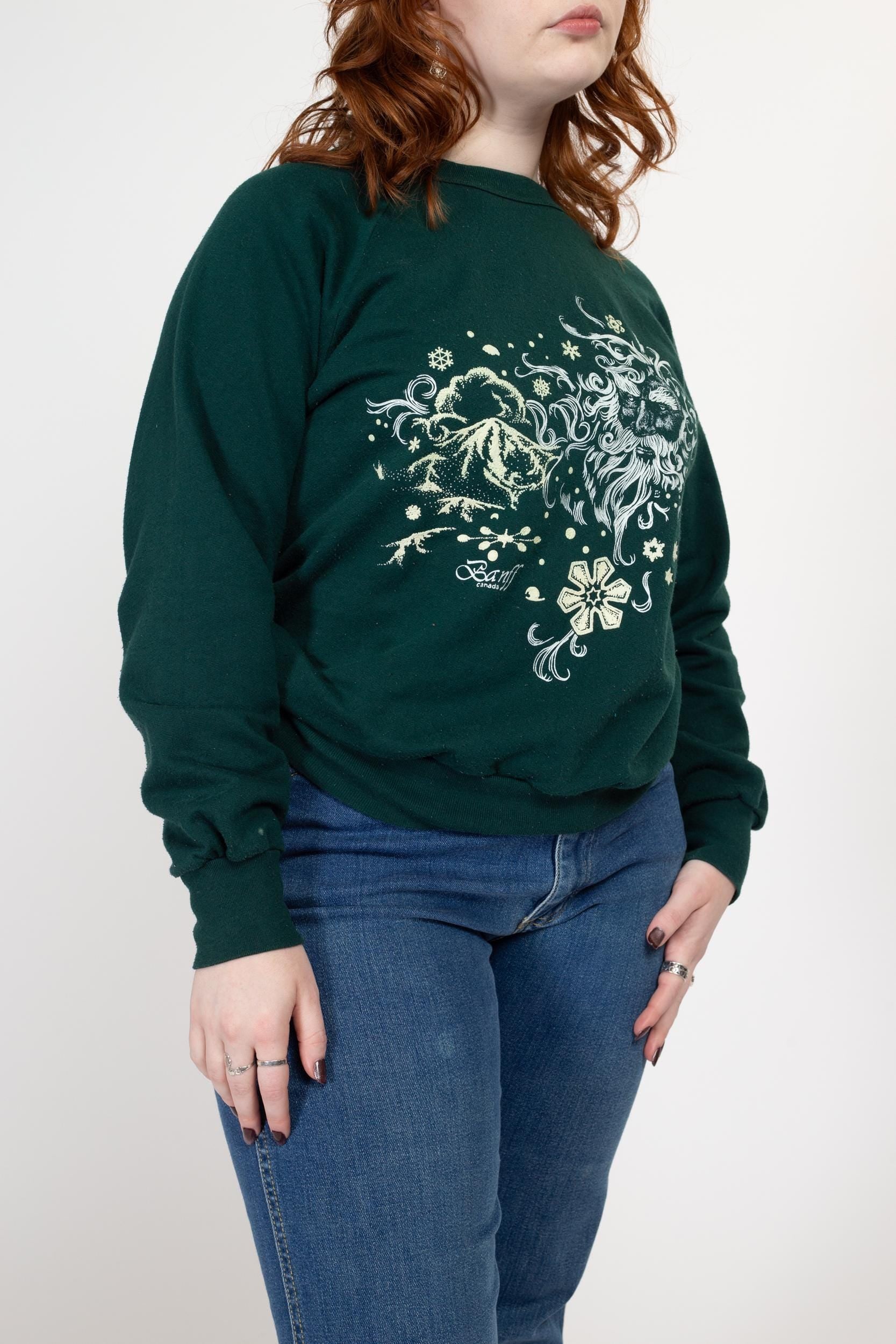 Medium 90s Jack Frost Winter Sweatshirt | Vintage Forest Green Graphic Christmas Crewneck