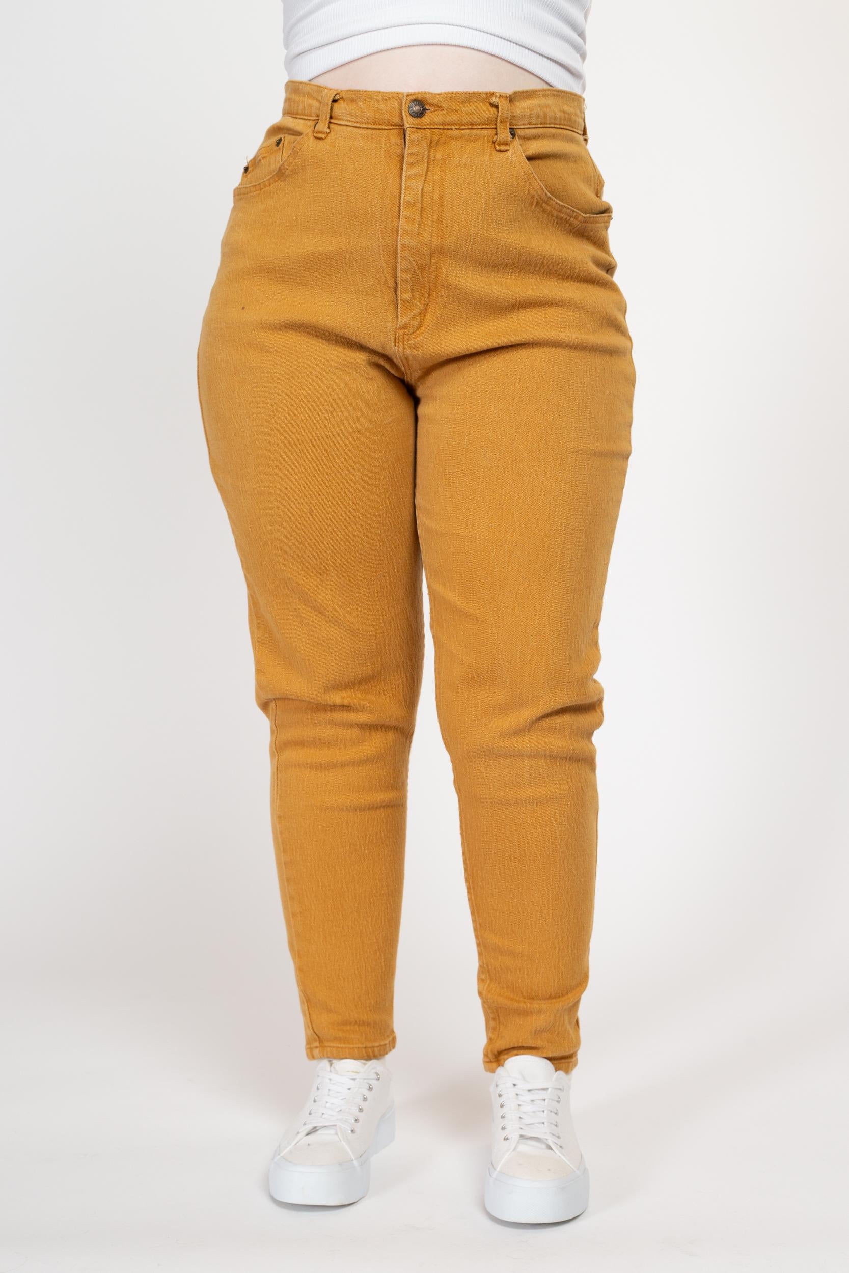 Large 80s Mustard Yellow High Waisted Skinny Jeans 32"-34" | Vintage Stefano Denim Stretchy Curvy Fit Mom Jeans