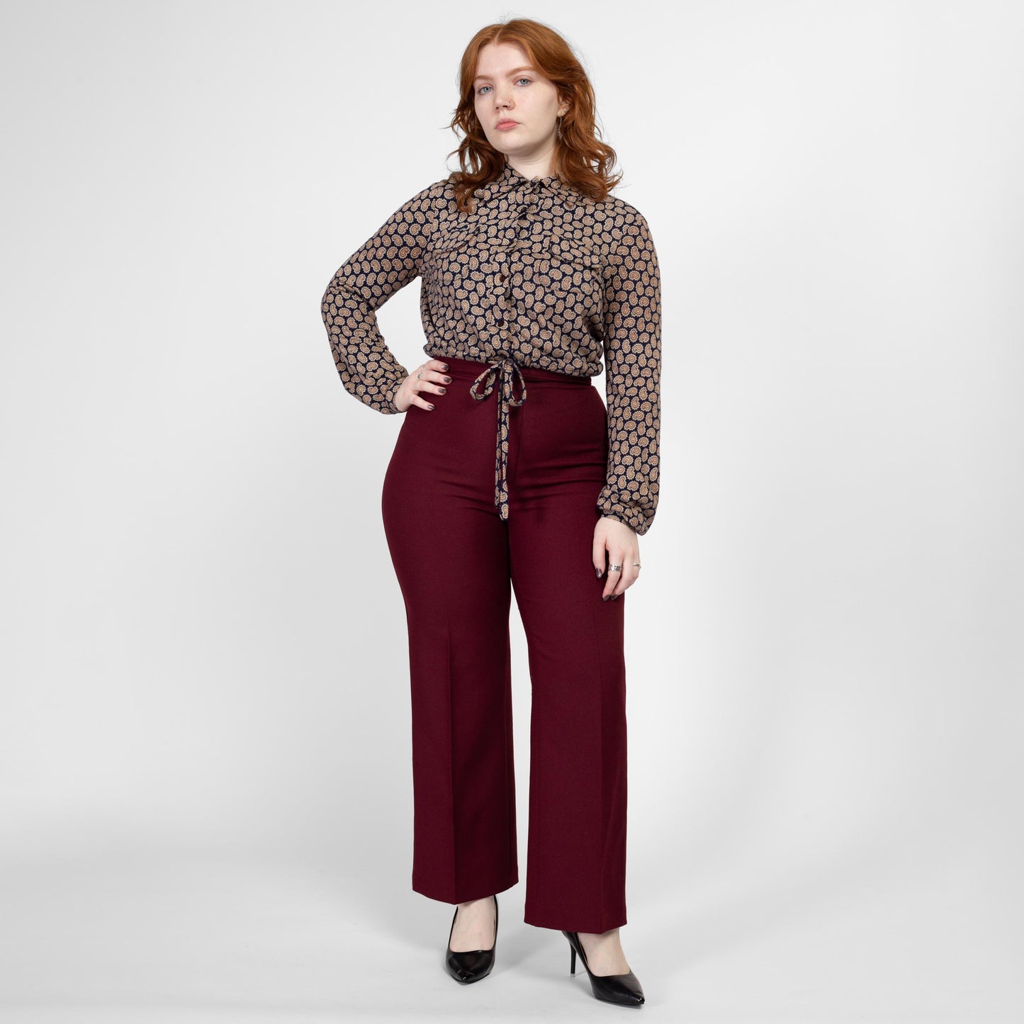 Medium 70s Burgundy High Waisted Trousers 30" | Retro Vintage Wine Red JC Penney Straight Leg Polyester Pants